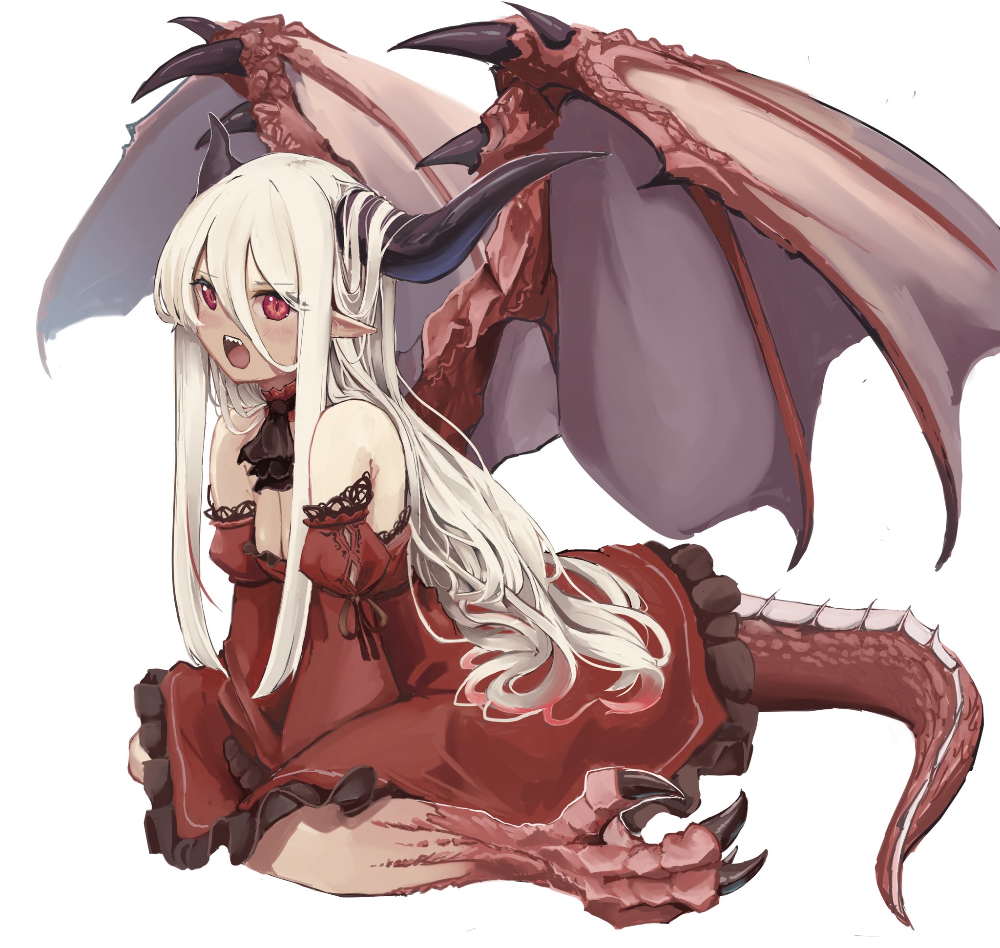 sapota clone, original, commentary request, highres, 1girl, ascot, bare shoulders, black ascot, black claws, black horns, breasts, cleavage, detached sleeves, dragon claw, dragon girl, dragon horns, dragon tail, dragon wings, dress, frills, horns, lace trim, long hair, monster girl, multicolored hair, open mouth, pointy ears, red dress, red eyes, red hair, red scales, red wings, simple background, sitting, solo, tail, white background, wings