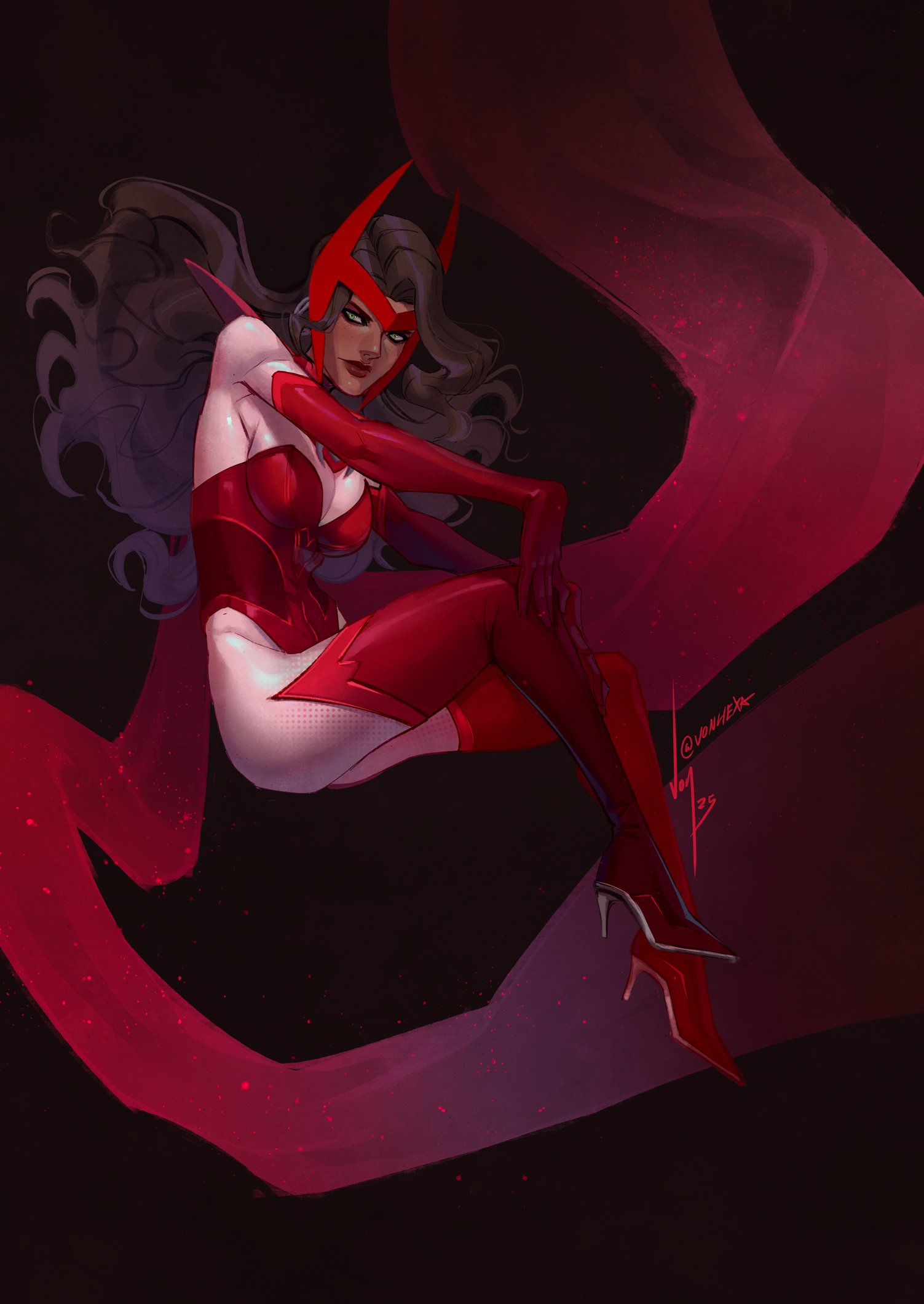 vontvirus, scarlet witch, wanda maximoff, avengers (series), marvel, marvel rivals, commentary, english commentary, highres, 1girl, black background, bodysuit, bodysuit under clothes, boots, breasts, brown hair, curly hair, dark-skinned female, dark skin, elbow gloves, gloves, green eyes, high heel boots, high heels, large breasts, leotard, long hair, pink bodysuit, red boots, red gloves, red leotard, red lips, red scarf, scarf, signature, solo, superhero costume, thigh boots, twitter username