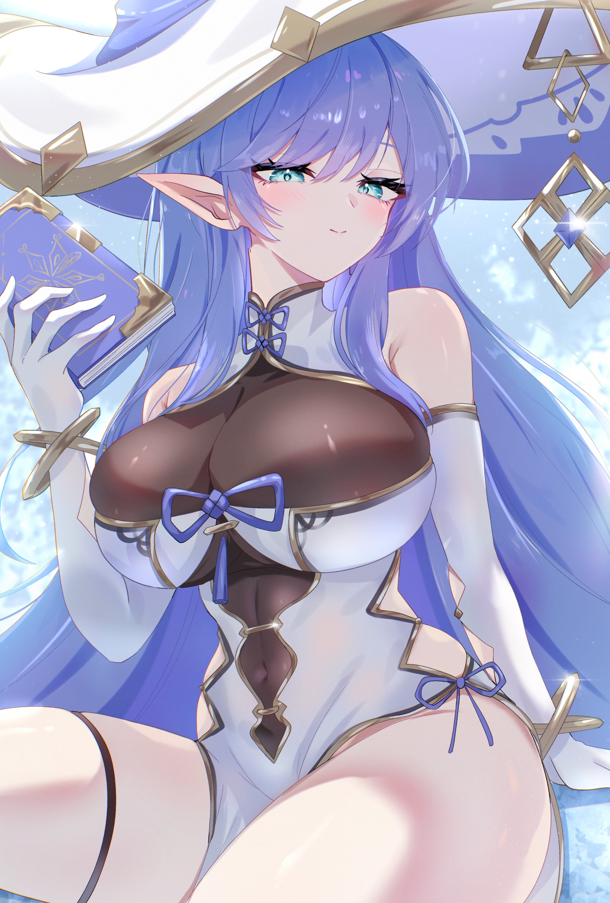 alyssa (specktech), original, absurdres, commentary, commission, english commentary, highres, second-party source, skeb commission, 00 samei, 1girl, blue eyes, blue hair, breasts, china dress, chinese clothes, closed mouth, covered navel, dress, elbow gloves, gloves, hat, large breasts, long hair, looking at viewer, pointy ears, sitting, smile, solo, thighhighs, thighs, white gloves, white thighhighs, witch hat
