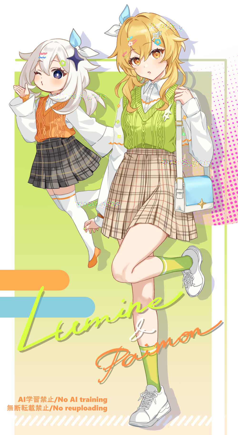 miz (mi), lumine (genshin impact), paimon (genshin impact), genshin impact, commentary, highres, 2girls, alternate costume, bag, blonde hair, casual, character name, collared shirt, english text, green socks, green sweater, grey hair, hair ornament, hairclip, long sleeves, looking at viewer, multiple girls, parted lips, shirt, shoes, short hair with long locks, shoulder bag, simple background, skirt, socks, solo, standing, standing on one leg, sweater, thighhighs, white shirt, white shoes, white thighhighs, yellow eyes