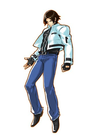 hiroaki (kof), kusanagi kyou, kof sky stage, snk, the king of fighters, lowres, official art, 1boy, brown hair, denim, fingerless gloves, gloves, jacket, jeans, male focus, pants, solo
