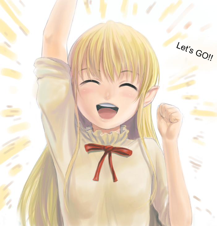 lasterk, lisa (seiken no blacksmith), seiken no blacksmith, 00s, 1girl, blonde hair, closed eyes, english text, female focus, long hair, pointy ears, sleeves rolled up, smile, solo