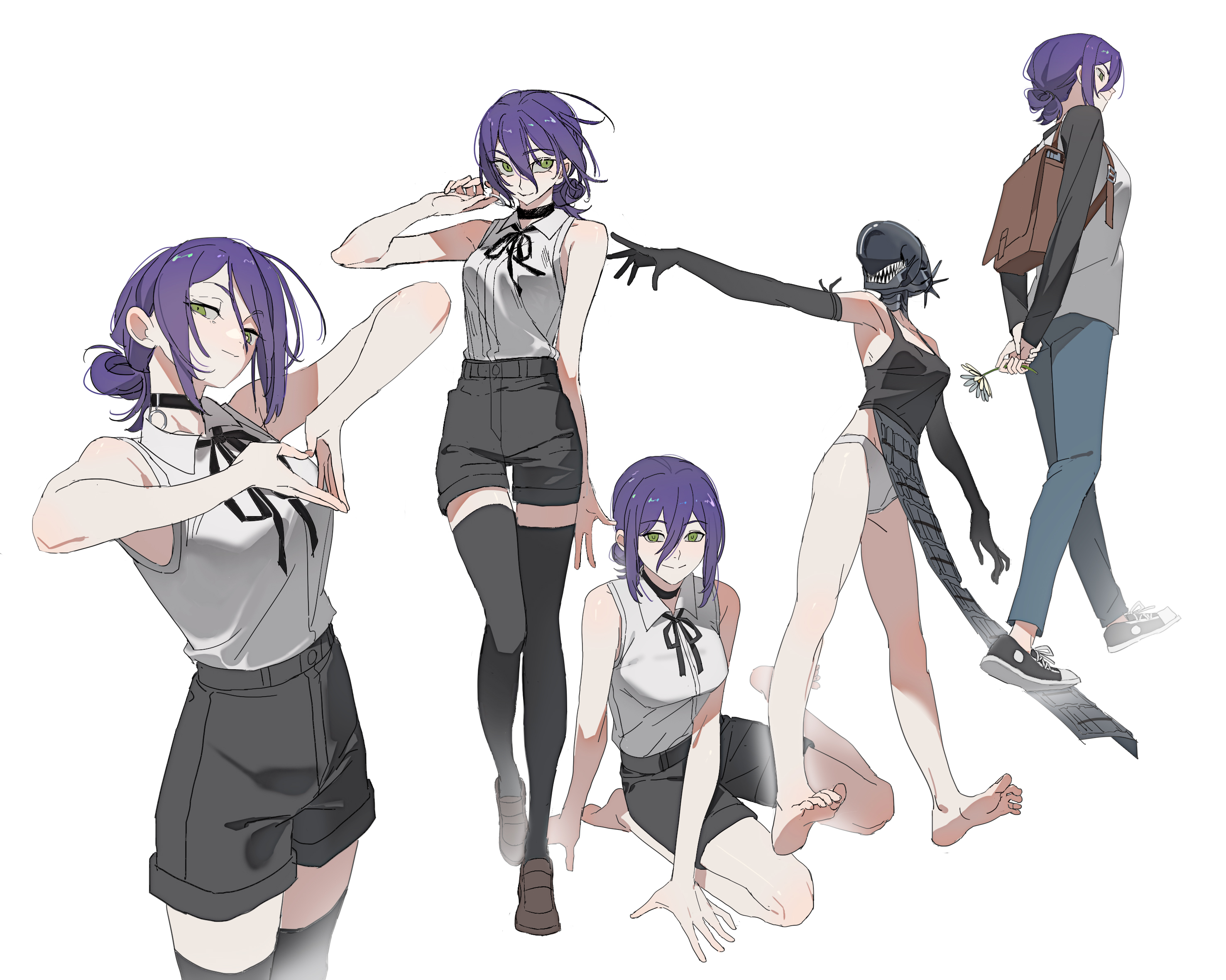 yiguan li, reze (chainsaw man), chainsaw man, commentary, highres, 1girl, backpack, bag, black ribbon, black thighhighs, breasts, brown shoes, choker, denim, elbow gloves, flower, gloves, green eyes, jeans, loafers, medium breasts, own hands together, panties, pants, purple hair, ribbon, shirt, shoes, shorts, sleeveless, sleeveless shirt, thighhighs, underwear, white panties