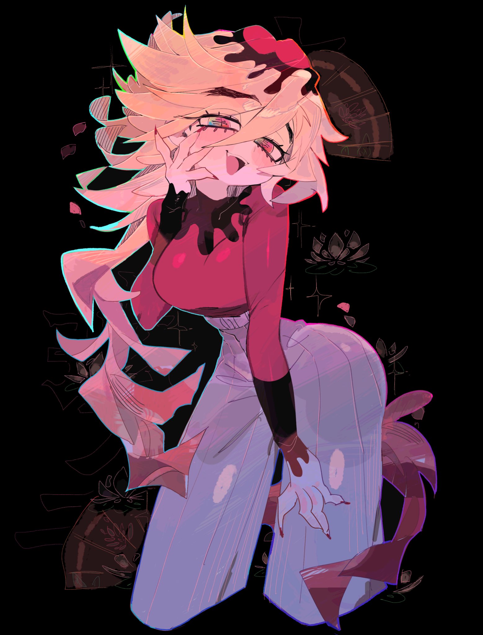 usa37107692, douma (kimetsu no yaiba), kimetsu no yaiba, commentary, highres, 1girl, black background, blonde hair, breasts, cropped legs, double-parted bangs, genderswap, genderswap (mtf), grey pants, hair between eyes, hand on own cheek, hand on own face, large breasts, leaning forward, long hair, long sleeves, looking at viewer, multicolored eyes, open mouth, pants, pink eyes, red shirt, shirt, smile, solo, text in eyes