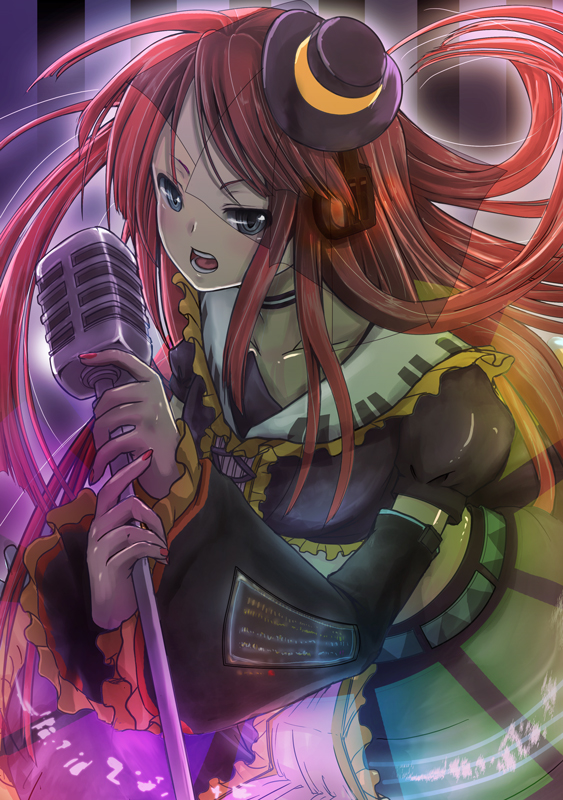 aikura (twilight dusk), namine ritsu, utau, vocaloid, 1boy, blue eyes, detached sleeves, dress, gothic lolita, hat, headphones, lolita fashion, long hair, male focus, microphone, microphone stand, nail polish, pink nails, red hair, solo, top hat, trap, veil, vintage microphone