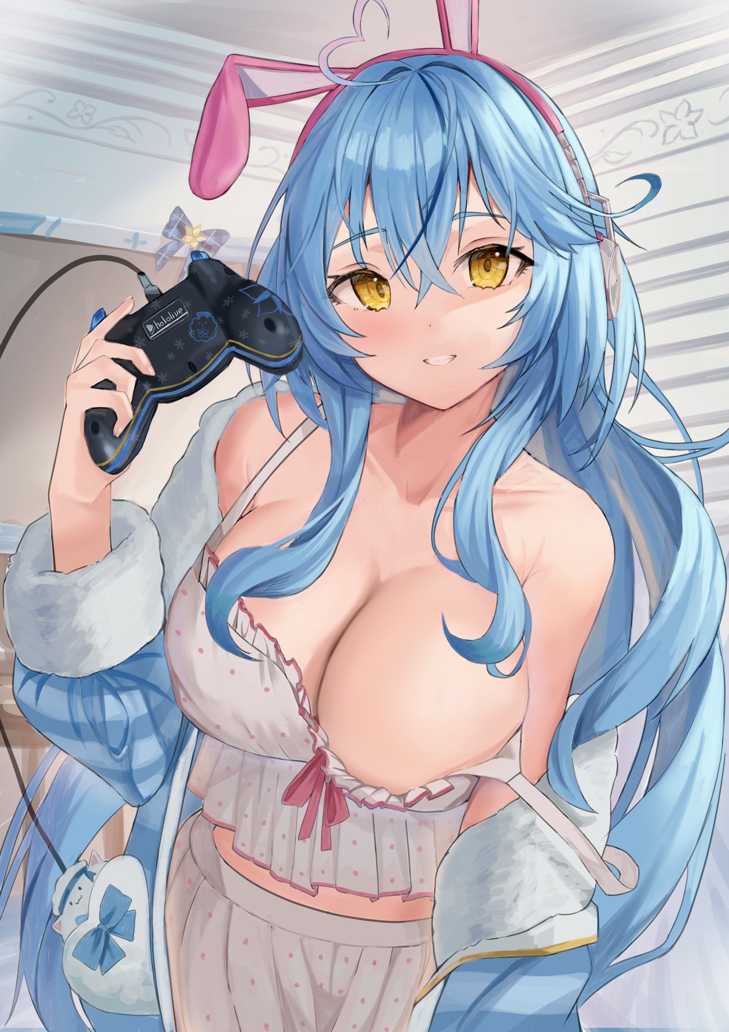 mugicho (kdks5554), daifuku (yukihana lamy), yukihana lamy, yukihana lamy (roomwear), hololive, commentary request, highres, 1girl, ahoge, animal ear headphones, animal ears, aqua jacket, bare shoulders, blue hair, blush, breasts, camisole, cleavage, collarbone, controller, elf, fake animal ears, fluffy clothes, fur-trimmed jacket, fur-trimmed sleeves, fur trim, game controller, hair between eyes, hair ornament, headphones, heart, heart ahoge, holding, holding controller, holding game controller, indoors, jacket, large breasts, long hair, long sleeves, midriff, official alternate costume, partially unzipped, pointy ears, polka dot, polka dot camisole, polka dot skirt, skirt, sleepwear, solo, teeth, very long hair, virtual youtuber, white camisole, white skirt, yellow eyes