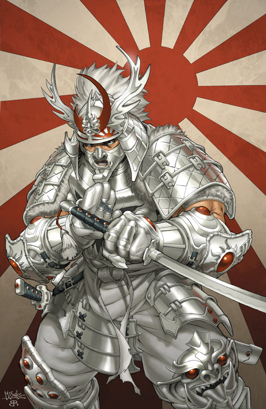 mark brooks, silver samurai, marvel, x-men, 1boy, armor, brown eyes, diablo2003, fangs, full armor, gauntlets, greaves, helm, helmet, japanese armor, japanese flag, kabuto (helmet), katana, kusazuri, male focus, mask, menpoo, open mouth, red eyes, rising sun flag, samurai, shoulder armor, sode, solo, sunburst, sword, tongue, weapon, white armor, white theme