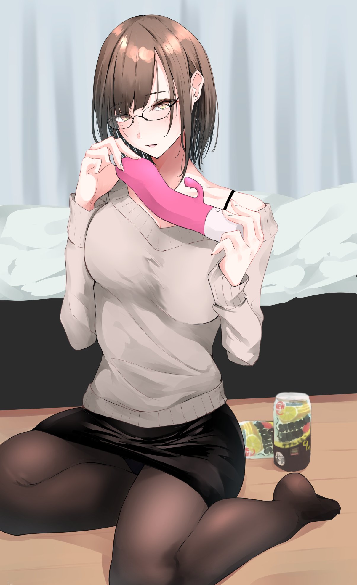 akiyama cz4a, original, commentary request, highres, 1girl, alcohol, bed, beer, black skirt, bra strap, breasts, brown hair, dildo, glasses, holding, holding sex toy, looking at viewer, medium breasts, mole, mole under eye, open mouth, panties, pantyhose, sex toy, short hair, skirt, solo, underwear, yellow eyes