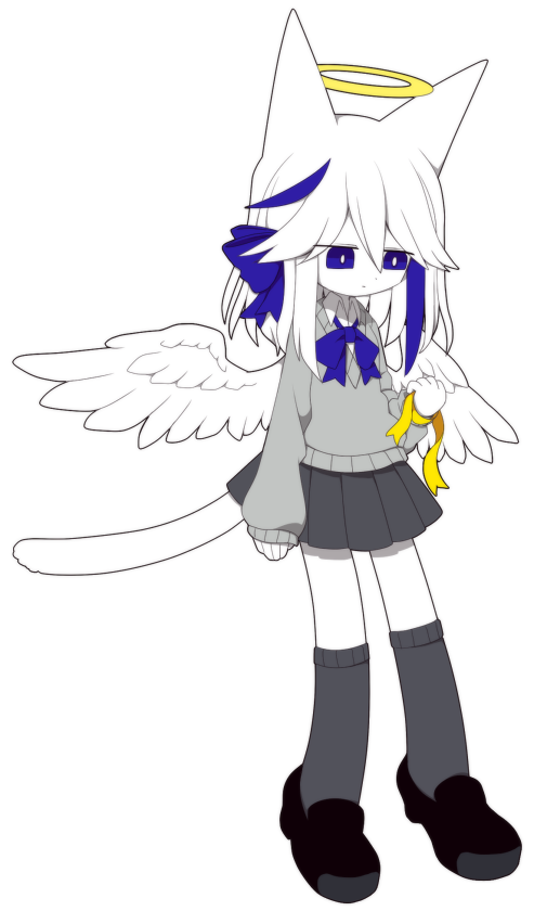 funamusea (artist), funamusea, official art, 1girl, angel, angel wings, animal ears, blue eyes, blue hair, bow, cat ears, cat girl, cat tail, closed mouth, colored skin, elwine (funamusea), halo, holding, long sleeves, medium hair, multicolored hair, pleated skirt, ribbon, school uniform, shirt, shoes, skirt, solo, tail, traditional halo, white background, white hair, white skin, wings, yellow ribbon