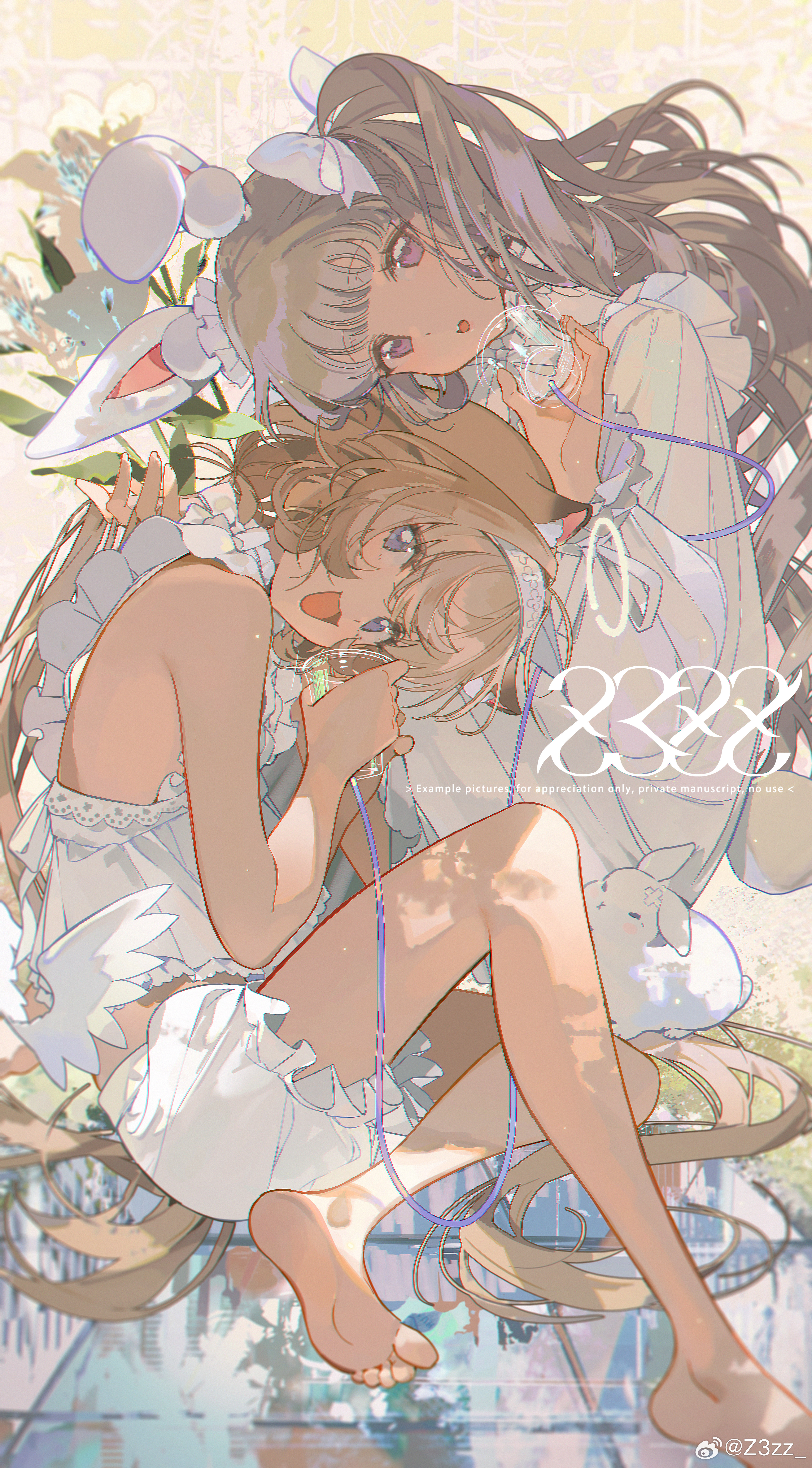 z3zz4, original, absurdres, highres, 2girls, animal ears, bloomers, blue eyes, bow, brown hair, cup, drill hair, english text, frills, grey hair, hair bow, hairband, halo, holding, holding cup, knee up, lace, laughing, long hair, looking at viewer, multiple girls, nightgown, pajamas, purple eyes, rabbit, rabbit ears, string phone, underwear, watermark, weibo watermark, white bloomers, white nightgown, white pajamas