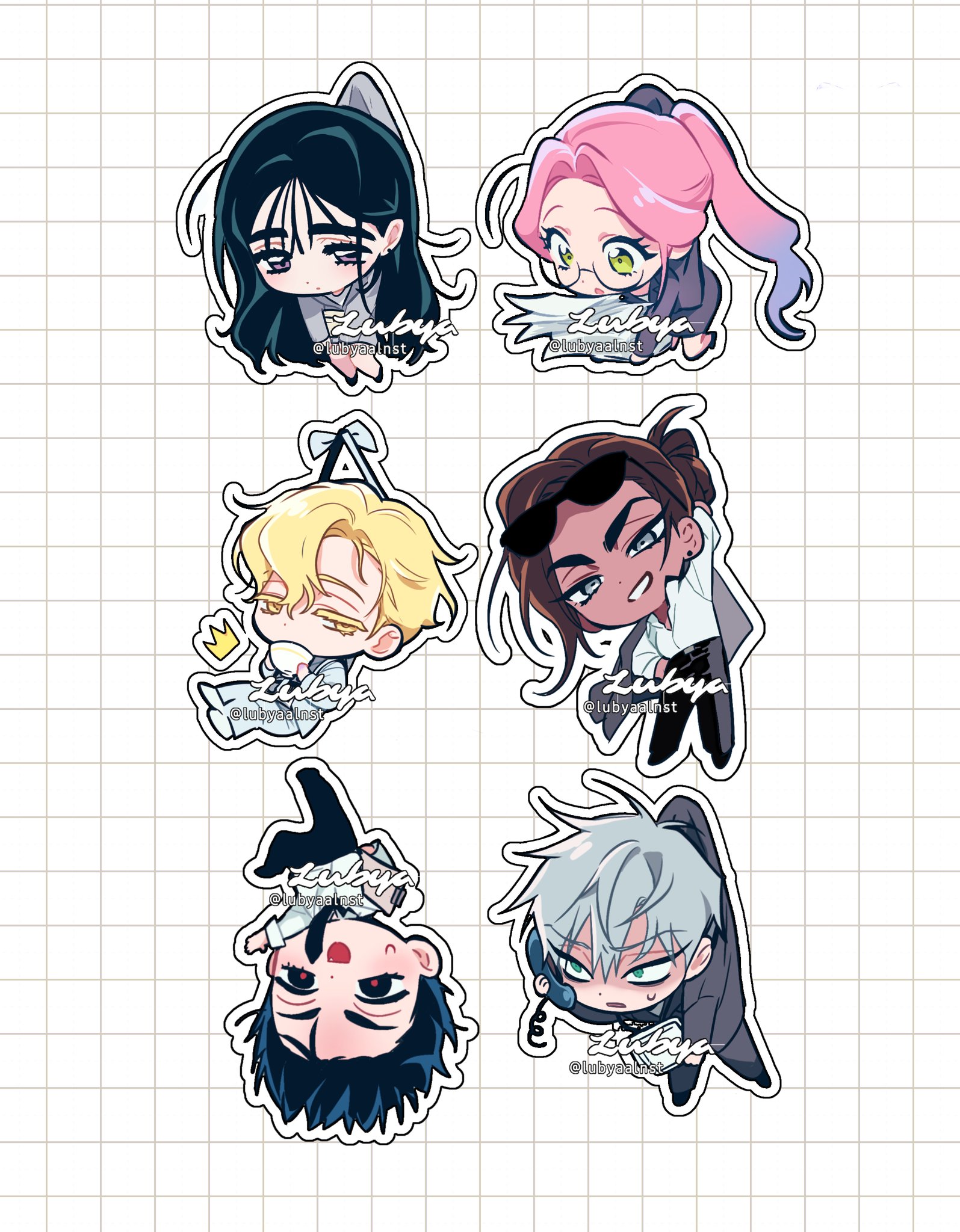 hyuna (alien stage), ivan (alien stage), luka (alien stage), mizi (alien stage), sua (alien stage), till (alien stage), alien stage, commentary, english commentary, highres, 3boys, 3girls, alternate costume, black eyes, black hair, black necktie, blonde hair, blue hair, brown hair, chibi, chibi only, collared shirt, dark-skinned female, dark skin, earrings, eyewear on head, glasses, green eyes, grey eyes, grey hair, grey jacket, grey pants, grid background, hair bun, holding, holding phone, jacket, jewelry, long hair, lubya, multiple boys, multiple girls, necktie, office lady, pants, paper, phone, pink hair, ponytail, purple eyes, red pupils, salaryman, shirt, short hair, sunglasses, white jacket, white pants, white shirt, yellow eyes