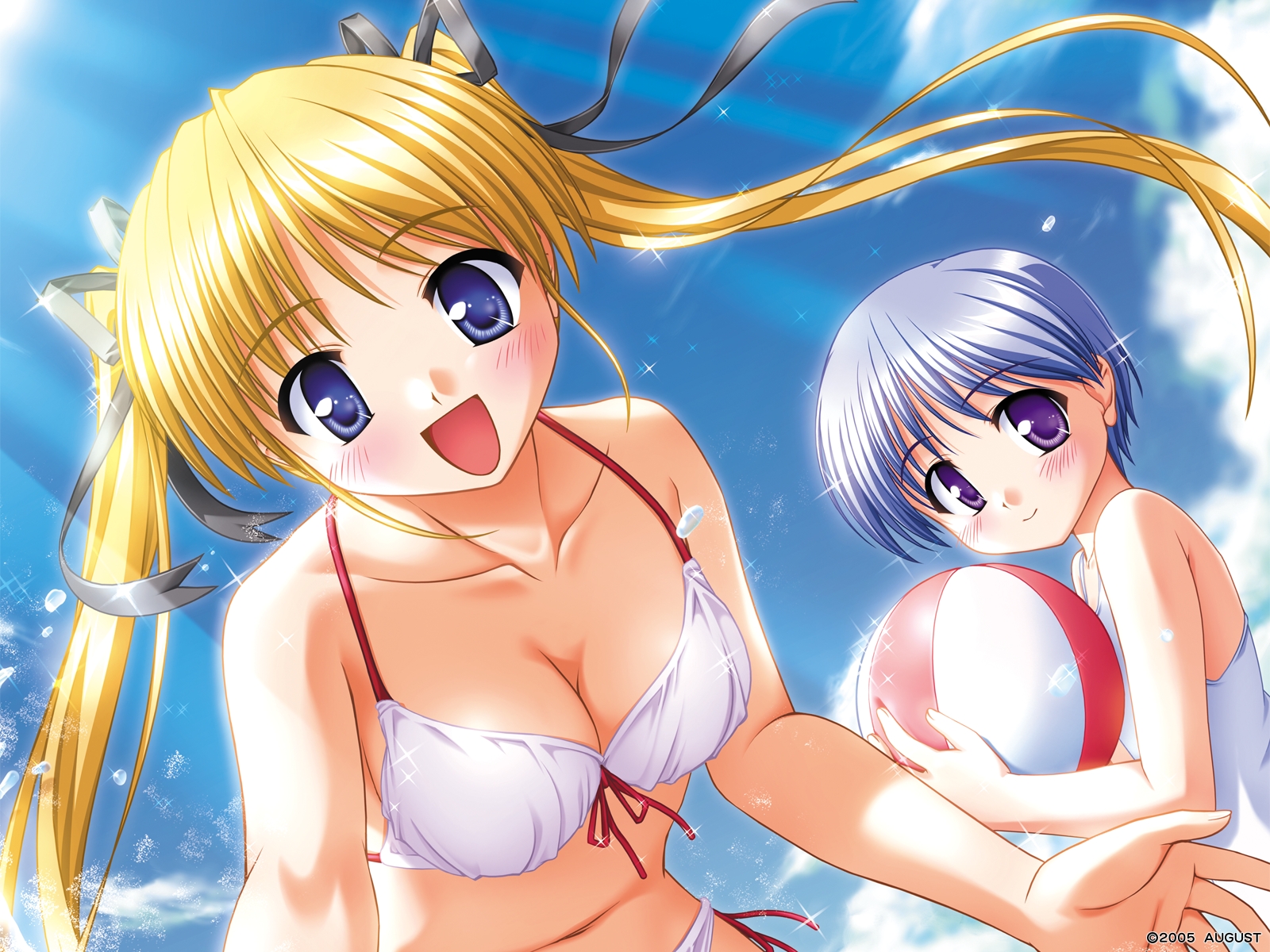 bekkankou, shibugaki matsuri, tachibana chihiro, tsuki wa higashi ni hi wa nishi ni, highres, official art, official wallpaper, 00s, 2girls, ball, beachball, bikini, blonde hair, blue eyes, blue hair, blush, breasts, cleavage, dated, day, from side, front-tie bikini top, front-tie top, hair ribbon, large breasts, long hair, multiple girls, one-piece swimsuit, outdoors, purple eyes, reaching, reaching towards viewer, ribbon, side-tie bikini bottom, sparkle, swimsuit, twintails, very long hair, water drop, white bikini, white one-piece swimsuit