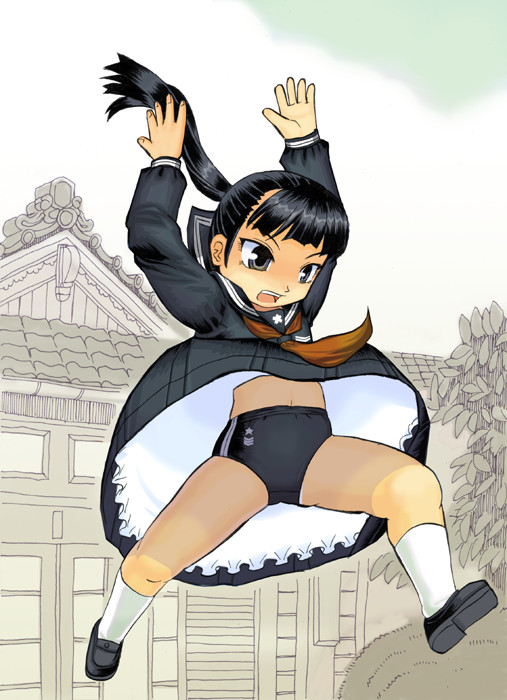 #104, i04, bad id, bad pixiv id, 1girl, black eyes, black hair, buruma, dress, female focus, jumping, navel, open mouth, petticoat, ponytail, sailor dress, shoes, socks, solo, wind, wind lift