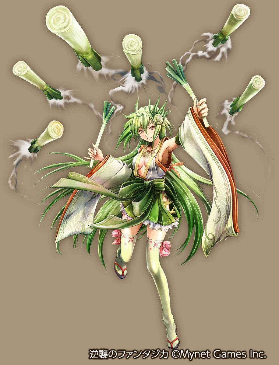 ueda metawo, gyakushuu no fantasica, commentary request, highres, official art, 1girl, armpits, bare shoulders, black sandals, breasts, brown background, closed mouth, copyright notice, detached sleeves, food, frilled hakama, full body, green hair, green hakama, green thighhighs, hair between eyes, hakama, hakama short skirt, hakama skirt, holding, holding food, holding spring onion, holding vegetable, japanese clothes, kimono, long hair, long sleeves, looking at viewer, medium breasts, sandals, simple background, skirt, sleeveless, sleeveless kimono, smile, solo, spring onion, standing, standing on one leg, tabi, thighhighs, vegetable, white kimono, white sleeves, wide sleeves, yellow eyes