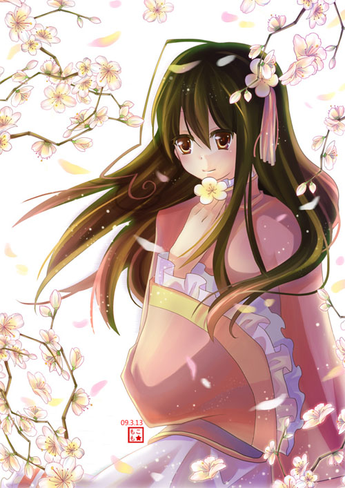 momoko (artist), momoko (momoko14), taiwan (hetalia), axis powers hetalia, 00s, 1girl, ahoge, alternate costume, black hair, bow, changpao, cherry blossoms, chinese clothes, female focus, flower, frills, hair bow, hair ornament, long hair, plum blossoms, smile, solo, wide sleeves, yellow eyes