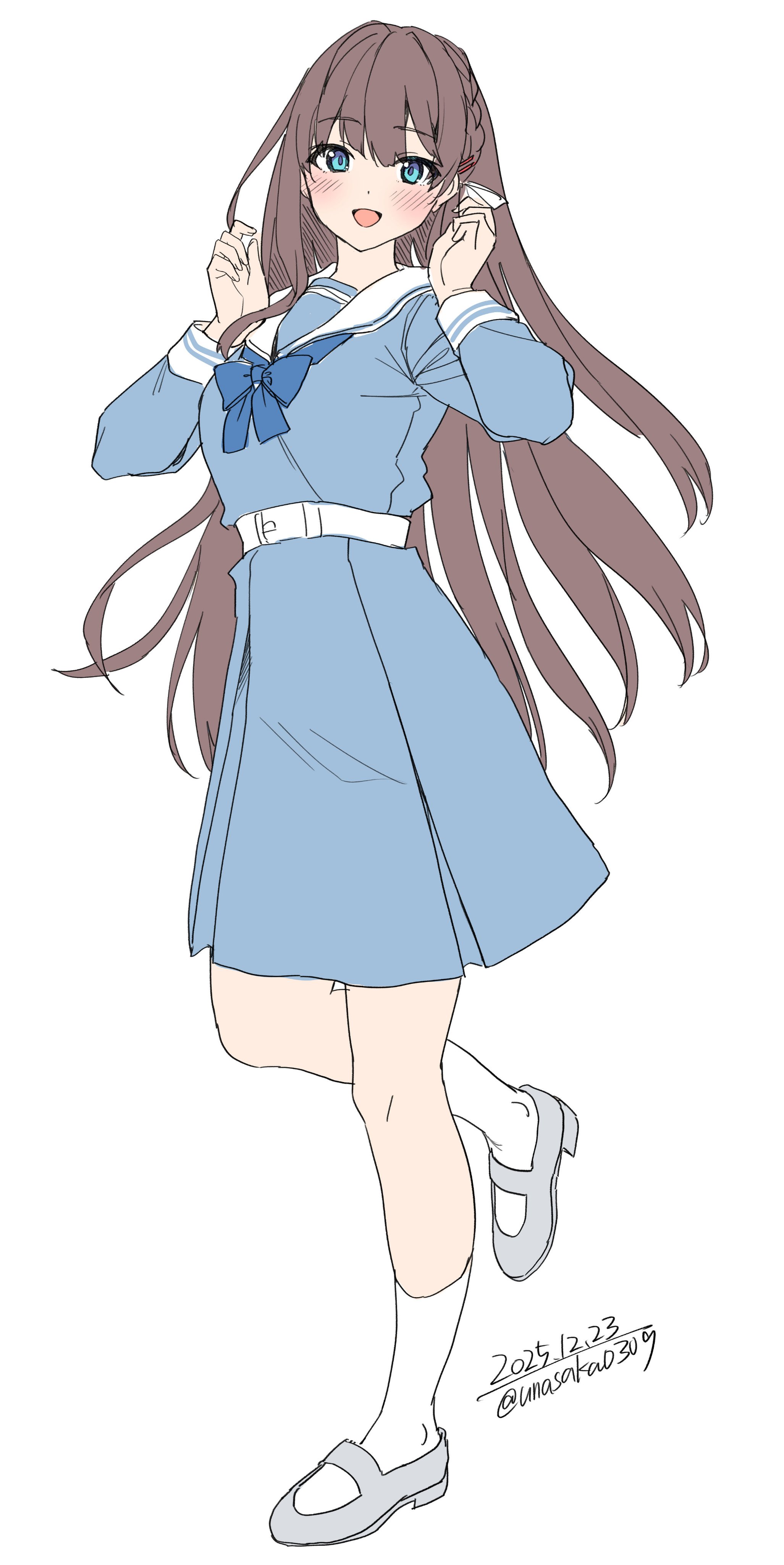 unasaka ryou, original, absurdres, commentary, highres, symbol-only commentary, 1girl, belt, blue bow, blue dress, blue eyes, blush, bow, braid, breasts, brown hair, dress, full body, hair ornament, hairclip, long hair, long sleeves, looking at viewer, open mouth, sailor collar, sailor dress, shoes, simple background, smile, socks, solo, white background, white belt, white sailor collar, white socks