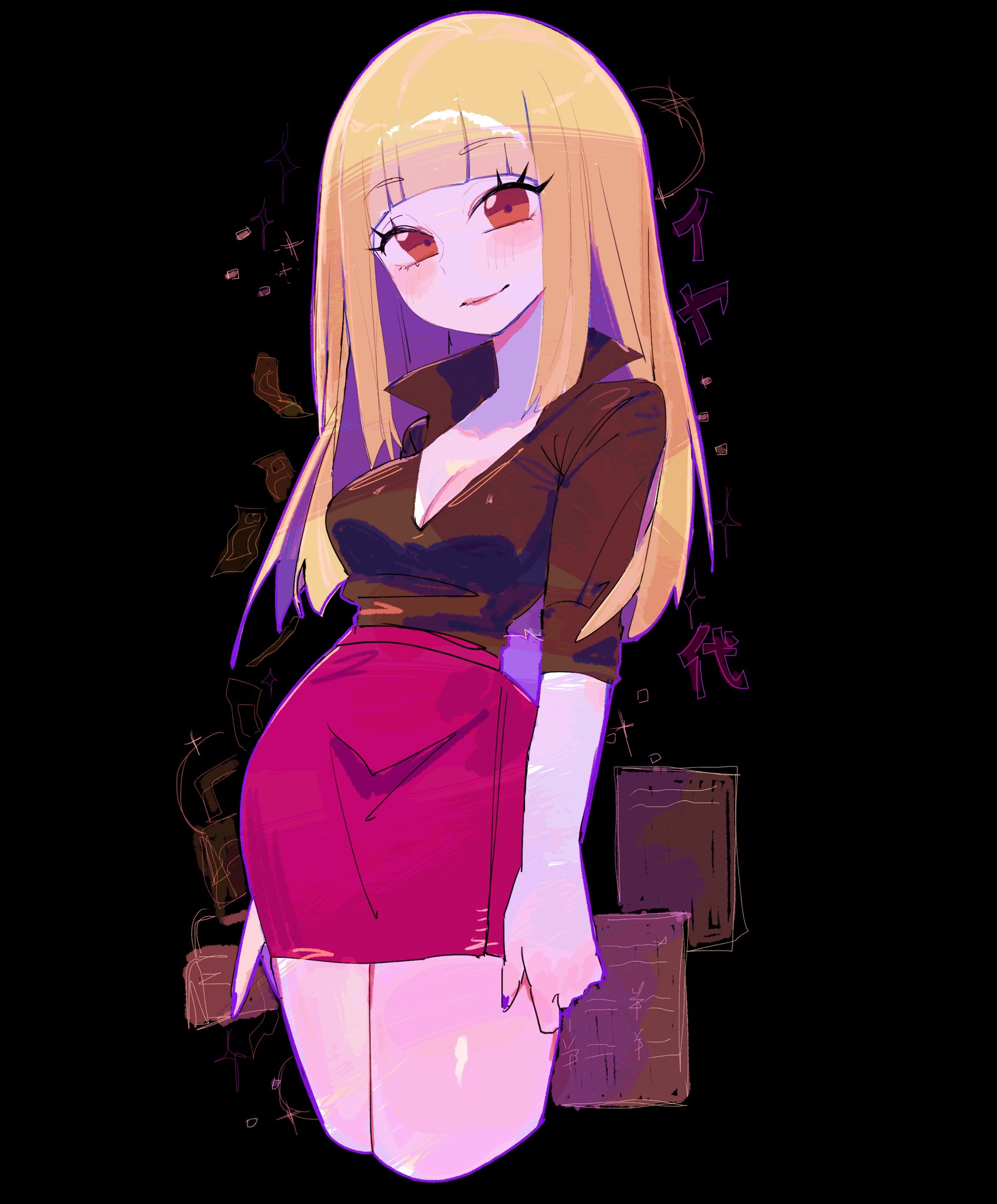 usa37107692, iyayo, osomatsu-san, osomatsu (series), commentary request, highres, 1girl, black background, black shirt, blonde hair, blunt bangs, blush, breasts, brown eyes, cleavage, closed mouth, cropped legs, genderswap, genderswap (mtf), large breasts, long hair, looking at viewer, red skirt, shirt, short sleeves, skirt, smile, solo, straight hair