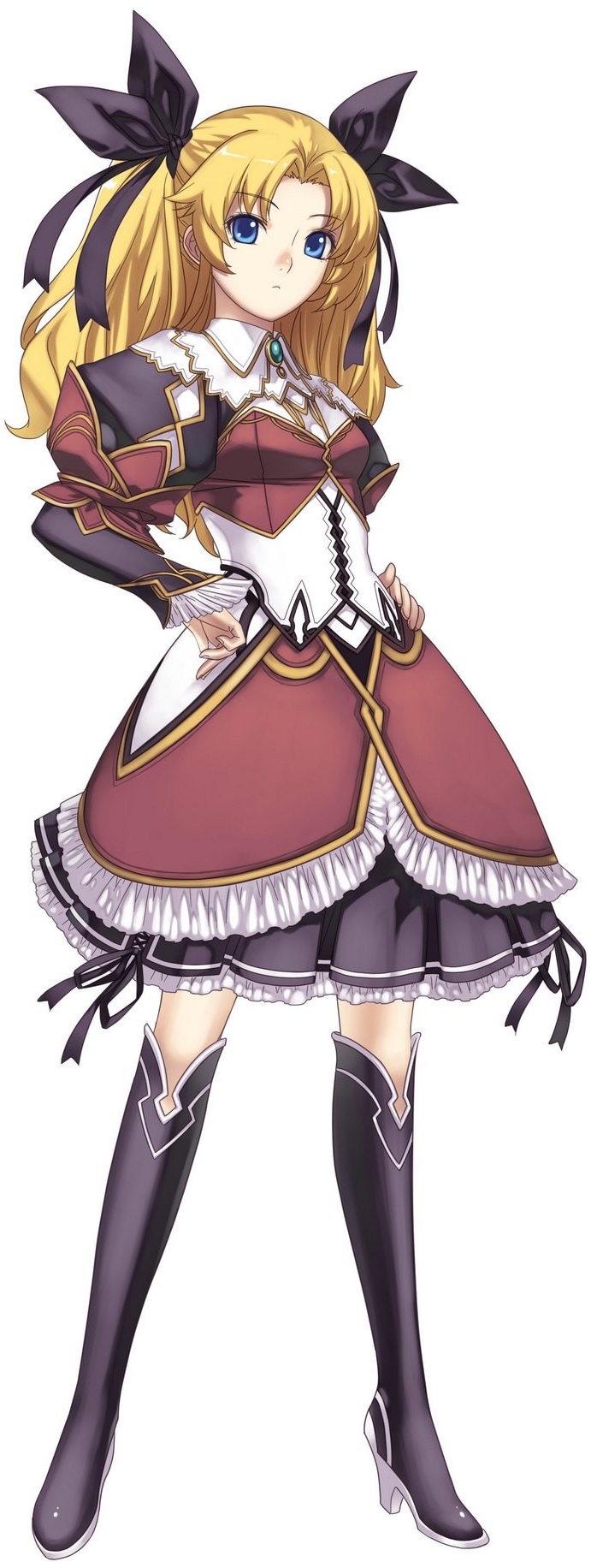 hirano katsuyuki, liliane vehlendorf, atelier (series), cross edge, gust, mana khemia (series), mana khemia 2, highres, official art, 1girl, blonde hair, blue eyes, dress, female focus, hair ribbon, ribbon, solo, twintails