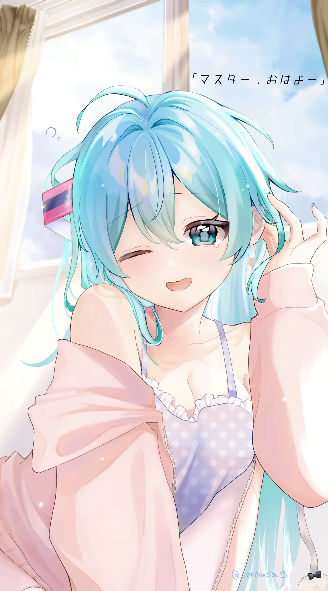 fuyu usagi, hatsune miku, vocaloid, commentary request, highres, translation request, 1girl, ahoge, aqua eyes, aqua hair, aqua nails, blush, breasts, camisole, cleavage, cloud, cloudy sky, collarbone, fingernails, hair between eyes, hair ornament, indoors, jacket, long hair, long sleeves, looking at viewer, medium breasts, nail polish, one eye closed, open mouth, pink jacket, polka dot, polka dot camisole, purple camisole, sky, sleepwear, smile, solo, straight hair, twitter username, very long hair, waking up, window