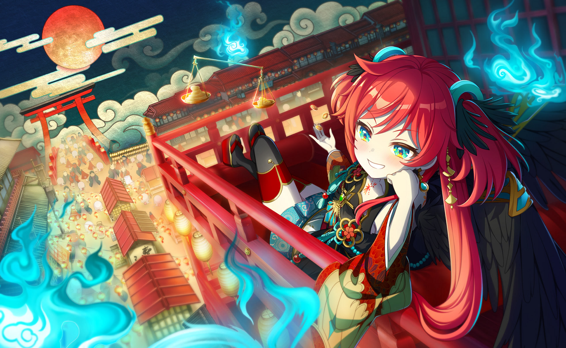 wang xue, world dai star, commentary request, game cg, highres, official art, third-party source, 1girl, aqua eyes, architecture, blue eyes, blue fire, blush, bridge, cloud, east asian architecture, feathered wings, fire, full moon, grin, hitodama, lantern, long hair, looking at viewer, magic, moon, night, night sky, red hair, red moon, sitting, sky, smile, smoke, solo, thighhighs, torii, twintails, wings