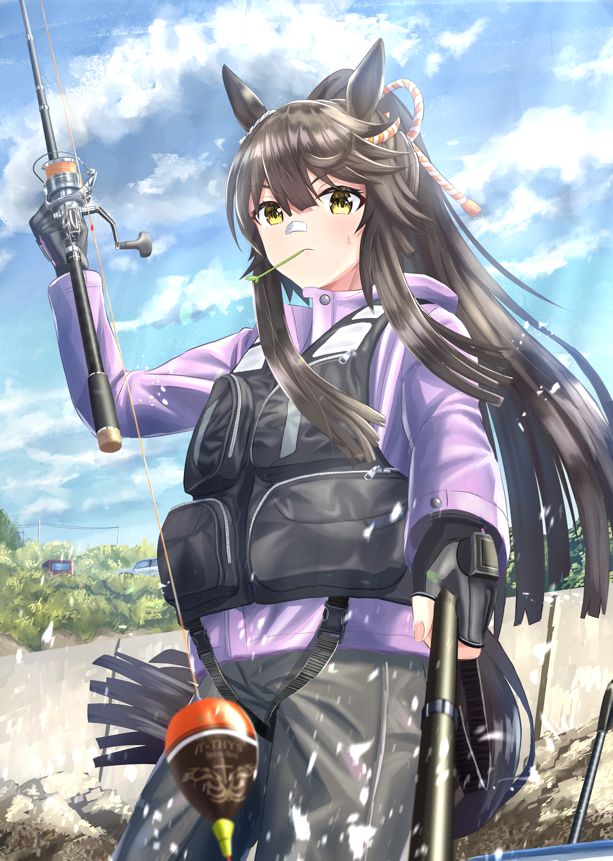 fusou (fuso0205), narita brian (umamusume), umamusume, commentary request, highres, 1girl, animal ears, bandaid, bandaid on face, bandaid on nose, black gloves, black pants, black vest, fingerless gloves, fishing, fishing rod, gloves, hair between eyes, holding, holding fishing rod, horse ears, horse girl, horse tail, jacket, long hair, mouth hold, pants, ponytail, purple jacket, solo, stalk in mouth, tail, vest, yellow eyes