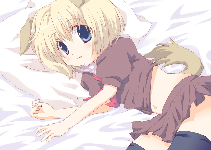 katakuriri, original, 1girl, animal ears, blonde hair, blue eyes, dog ears, female focus, skirt, smile, solo, tail, thighhighs