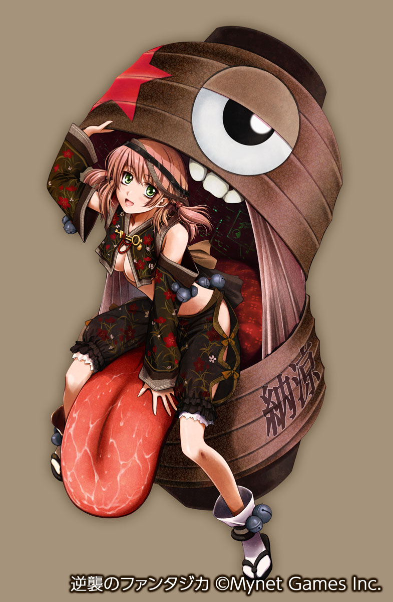 ueda metawo, gyakushuu no fantasica, commentary request, highres, official art, 1girl, :d, arm up, bare shoulders, black sandals, black shirt, black shorts, black sleeves, breasts, brown hair, cleavage, copyright notice, cropped shirt, detached sleeves, full body, green eyes, headband, lantern, long hair, long sleeves, looking at viewer, medium breasts, open mouth, sandals, shirt, shorts, simple background, sitting, sleeveless, sleeveless shirt, smile, socks, solo, tabi, white socks