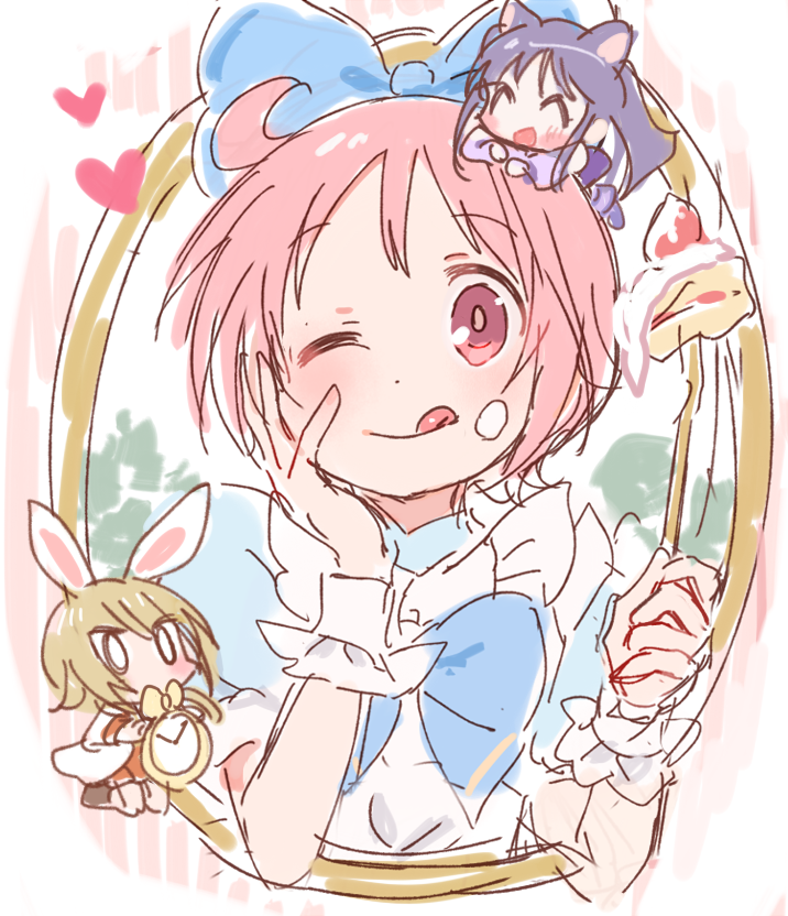 tatsunokosso, hinata yukari, ichii yui, nonohara yuzuko, yuyushiki, 3girls, blonde hair, cake, food, multiple girls, pink eyes, pink hair, purple hair, short hair, smile