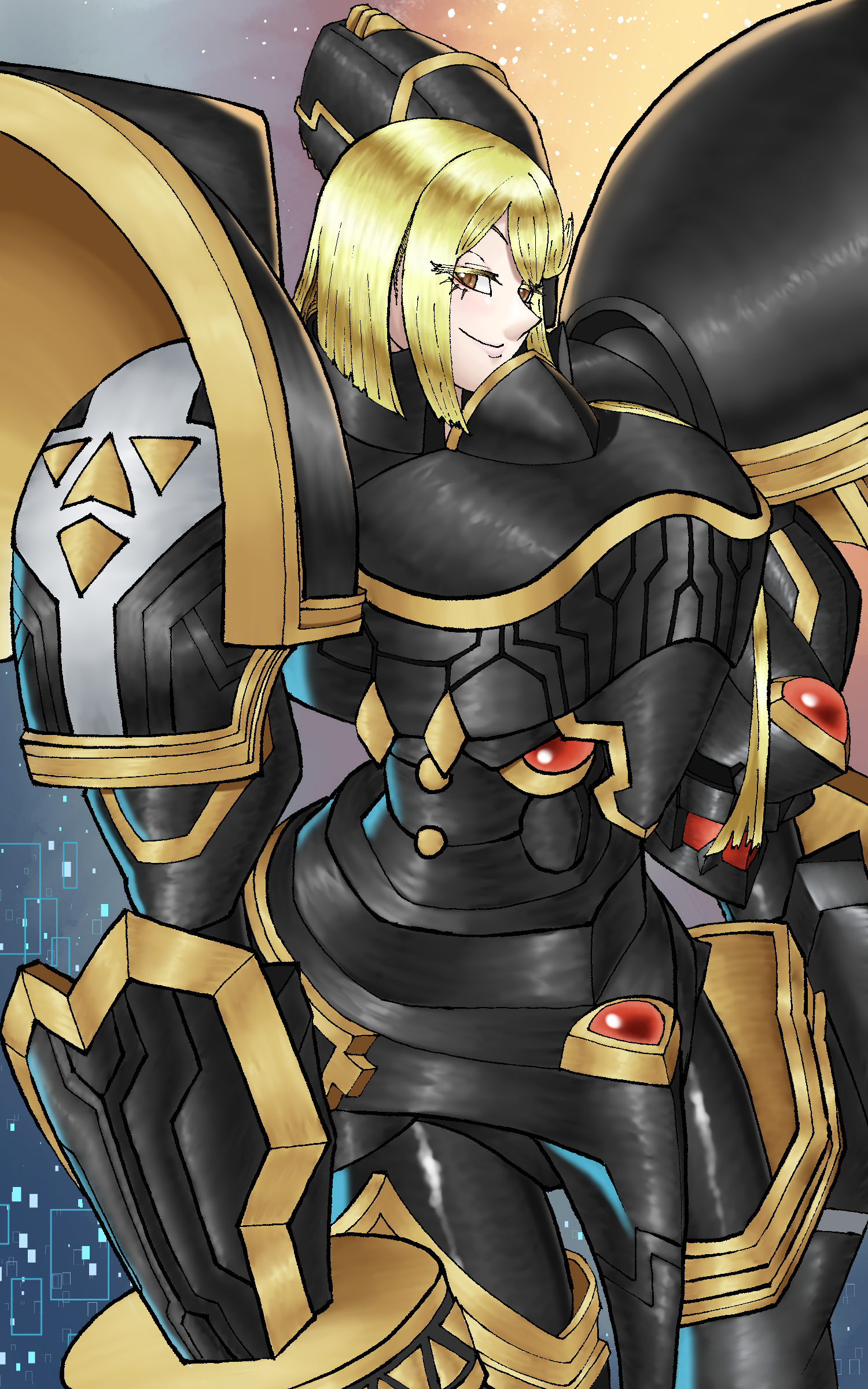 laser (akirawai), alphamon, kuremi kyouko, digimon, digimon story: cyber sleuth, absurdres, commentary request, highres, 1girl, alphamon (cosplay), armor, black armor, blonde hair, closed mouth, cosplay, cowboy shot, long hair, smile, solo