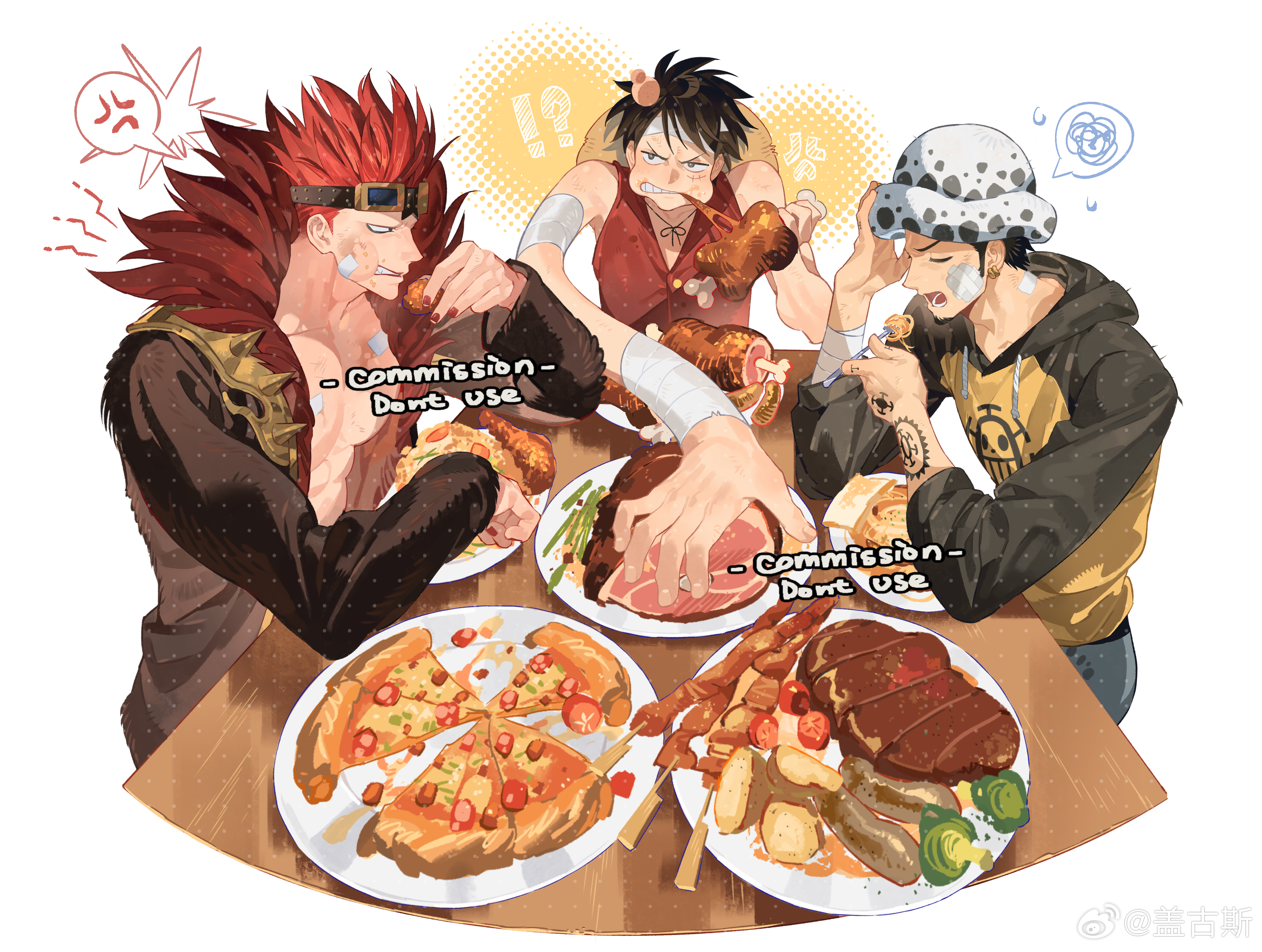 sumooo (ga ilil), eustass kid, monkey d. luffy, trafalgar law, one piece, absurdres, commission, highres, 3boys, anger vein, biting, black hair, boned meat, devil fruit power, facial hair, food, gauze, gauze on cheek, goatee, hat, male focus, meat, multiple boys, open mouth, pizza, plate, red hair, short hair, sideburns, spoken anger vein, spoken squiggle, squiggle, steak, white hat