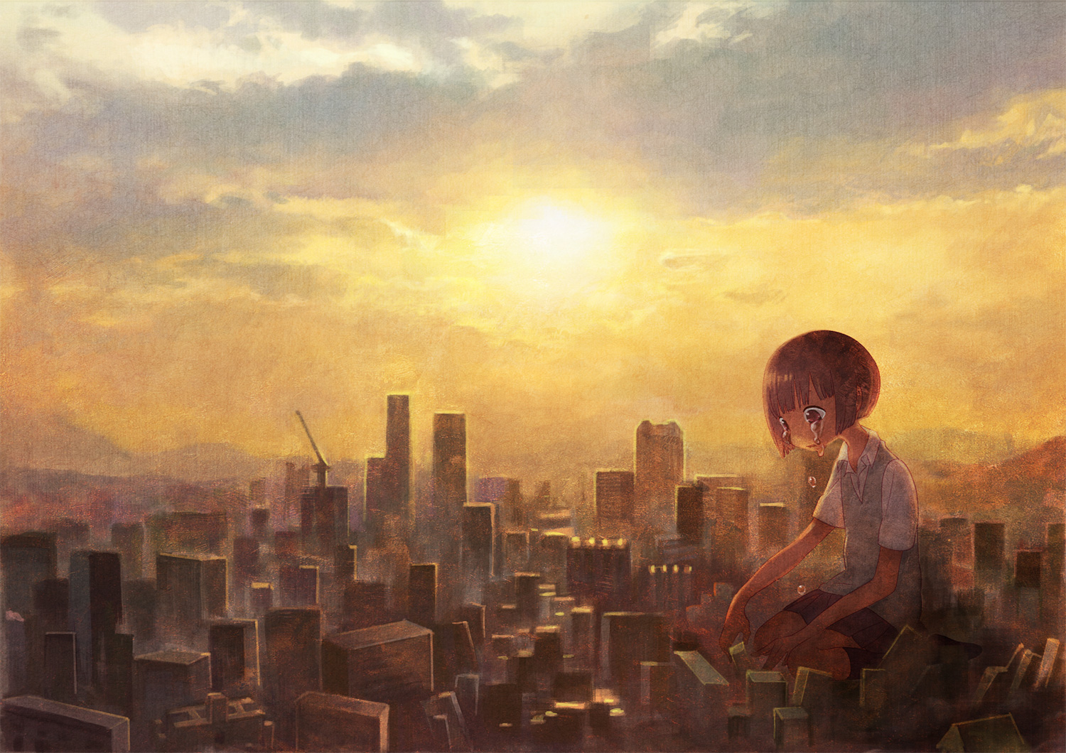 yuu (plasm), original, 1girl, accident, brown eyes, brown hair, child, cityscape, cloud, female focus, giant, giantess, kneehighs, school uniform, short hair, skirt, sky, socks, solo, tears