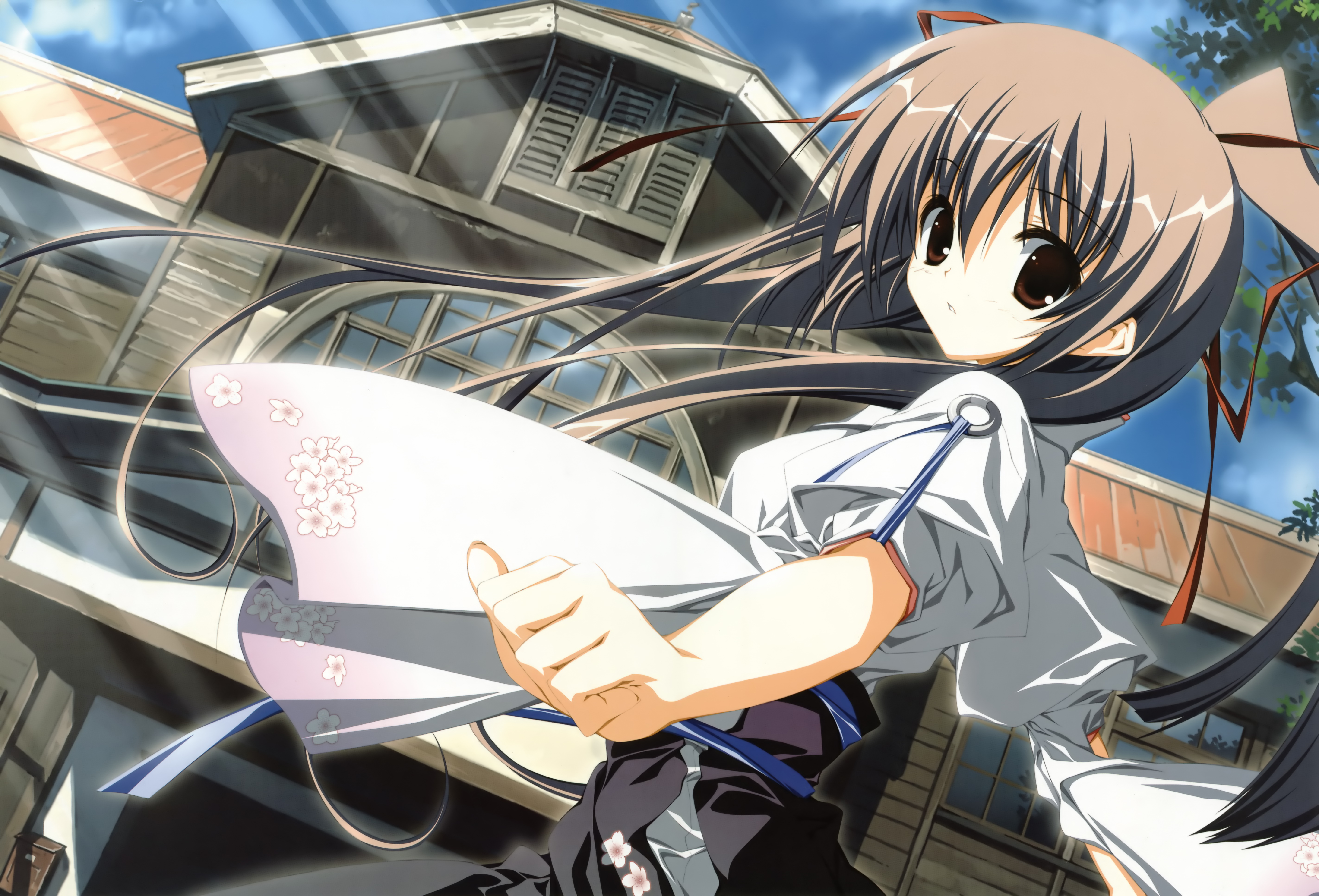 tsukinon, inagaki setsuna, root after and another, absurdres, highres, 1girl, black hair, brown eyes, female focus, hair ribbon, long hair, ribbon, solo