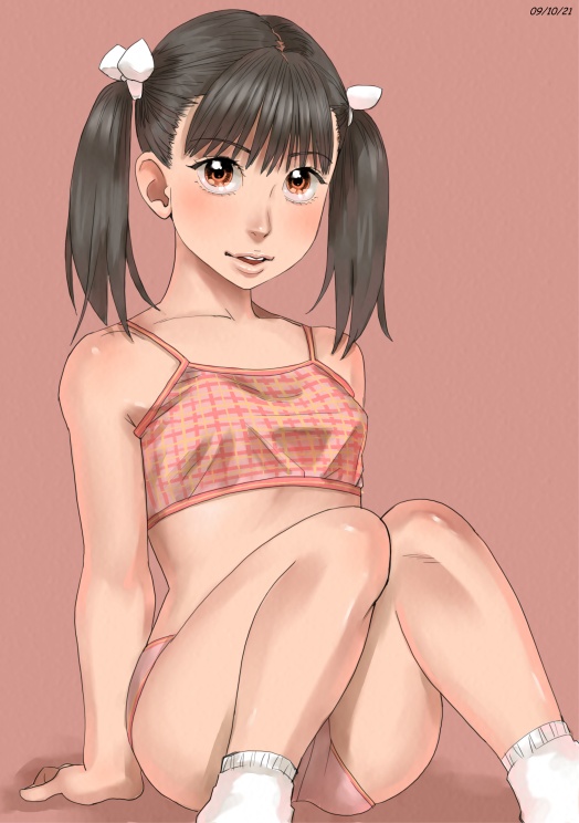 zenkou, chitose (zenkou), original, 1girl, arm support, black hair, bra, brown eyes, camisole, dated, female focus, lingerie, loli, looking at viewer, orange eyes, panties, parted lips, pink background, pink panties, ribbon, shiny skin, simple background, sitting, socks, solo, training bra, twintails, underwear
