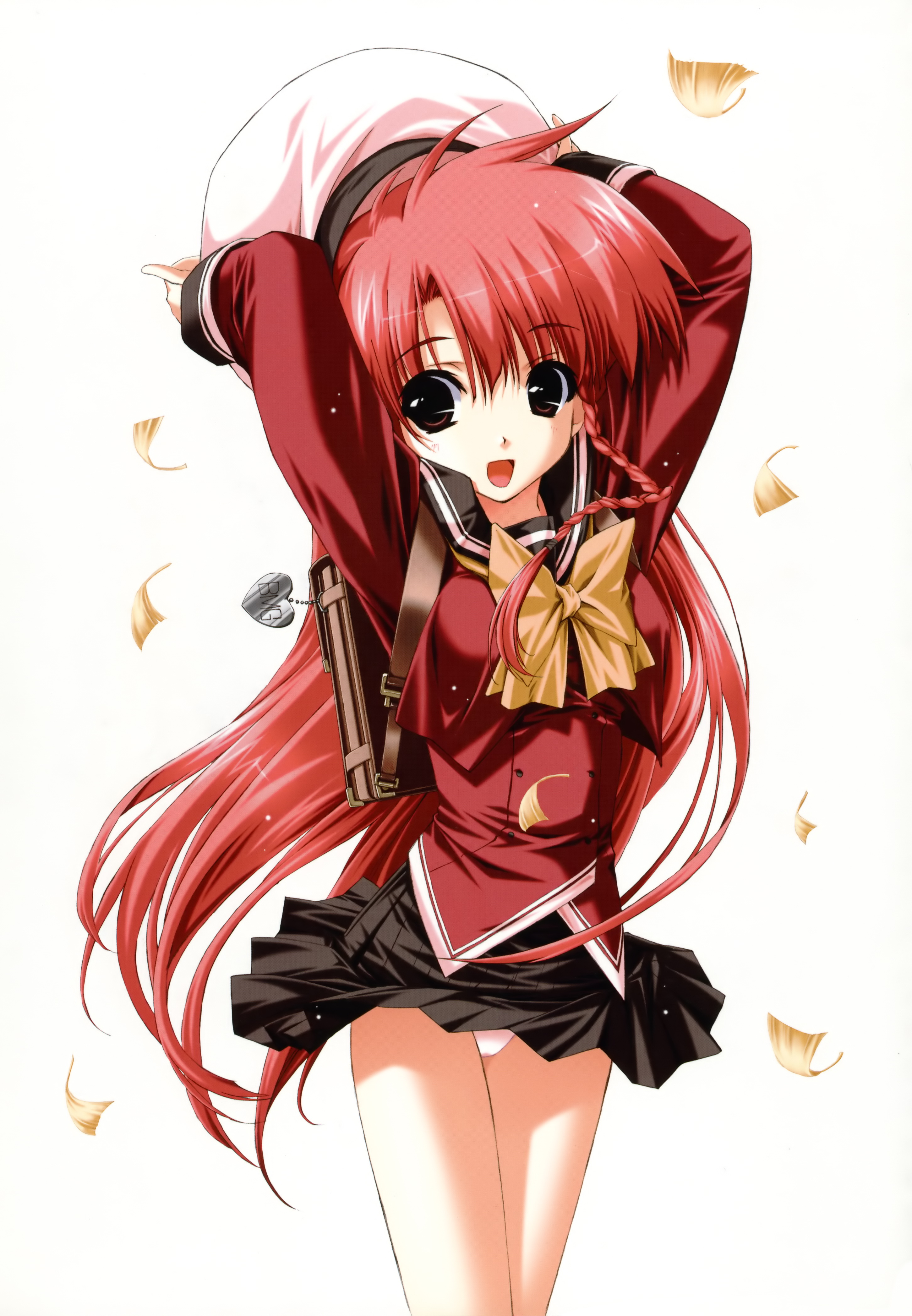 shintarou, tsubasa miu, boy meets girl, absurdres, highres, 1girl, backpack, bag, black eyes, female focus, hat, panties, pantyshot, randoseru, red hair, school uniform, solo, underwear, white background, wind, wind lift