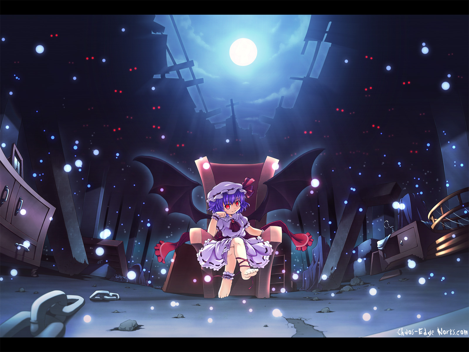 etogami kazuya, remilia scarlet, touhou, highres, 1girl, ankle cuffs, arm support, barefoot, bat wings, chain, feet, female focus, full moon, hat, leg ribbon, letterboxed, moon, moonlight, purple hair, red eyes, ribbon, ruins, short hair, smile, solo, throne, wings