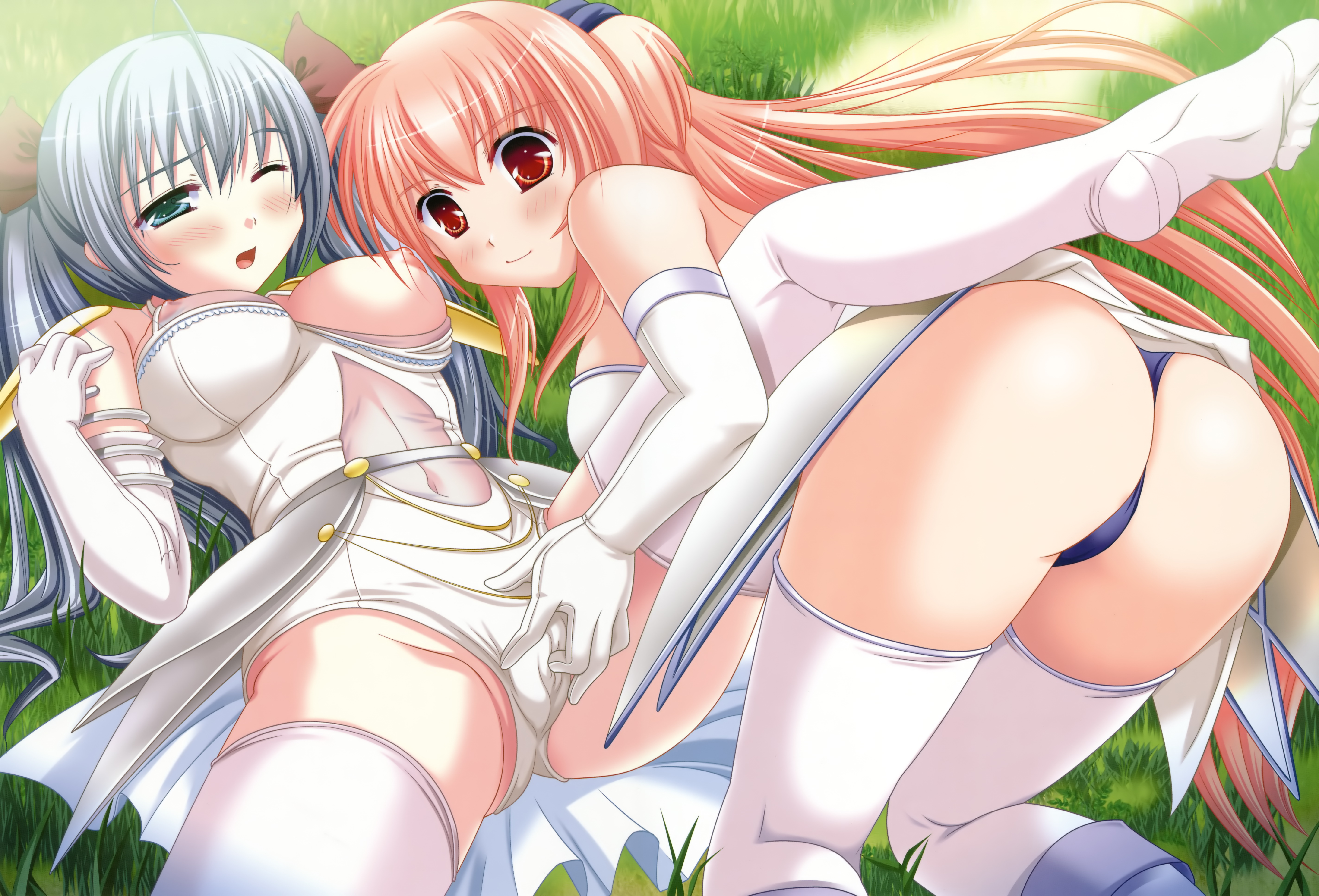 sapporo momoko, ayaha (delta!), nonoka (delta!), delta!, silver hair, absurdres, highres, 2girls, ahoge, ass, bent over, blonde hair, blue eyes, blue hair, blue panties, blush, boots, breast slip, breasts, brown eyes, cleavage, clothes lift, covered erect nipples, elbow gloves, fingering, fingering through clothes, gloves, grass, green eyes, hair ribbon, leg up, long hair, lying, multiple girls, navel, nipples, no bra, on back, one breast out, open mouth, orange hair, outdoors, panties, panty rub, pink hair, public indecency, red eyes, ribbon, see-through clothes, short twintails, skirt, skirt lift, smile, spread legs, thighhighs, through clothes, twintails, underwear, very long hair, white gloves, white thighhighs, wince, yuri