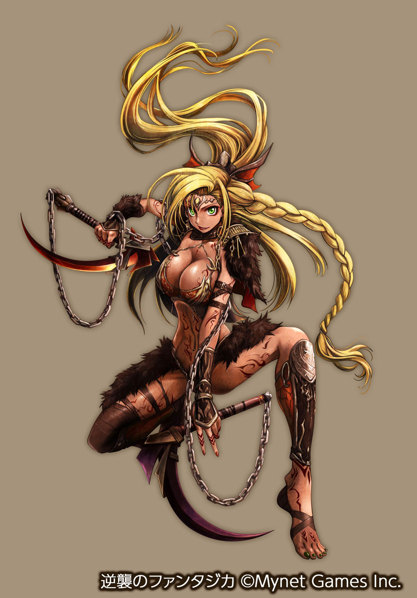 ueda metawo, gyakushuu no fantasica, commentary request, highres, official art, 1girl, black gloves, blonde hair, braid, breasts, chain, cleavage, closed mouth, copyright notice, dark-skinned female, dark skin, full body, gloves, green eyes, holding, holding weapon, large breasts, leg warmers, long hair, looking at viewer, ponytail, simple background, single braid, smile, solo, squatting, toes, weapon
