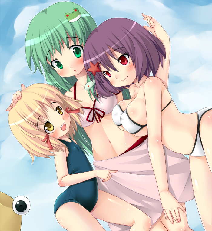 kuro minamo, kochiya sanae, moriya suwako, pyonta, yasaka kanako, touhou, hand on head, bad id, bad pixiv id, 3girls, :o, bikini, blonde hair, blush, breast press, breasts, day, female focus, green eyes, green hair, hair ornament, hair ribbon, hat, large breasts, leaf, leaf hair ornament, multiple girls, one-piece swimsuit, open mouth, pink sarong, purple hair, red eyes, ribbon, sarong, school swimsuit, smile, swimsuit, unworn hat, unworn headwear, yellow eyes