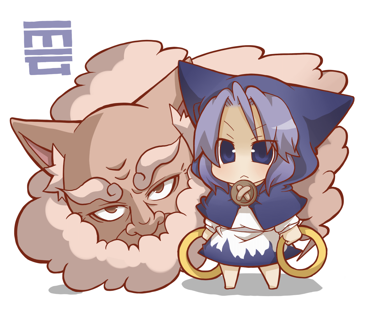 gurageida, kumoi ichirin, unzan, touhou, light purple hair, 1boy, 1girl, :<, animal ears, animal hood, blue eyes, bracelet, cat ears, cat hood, chibi, cloud, hood, jewelry, ring, short hair