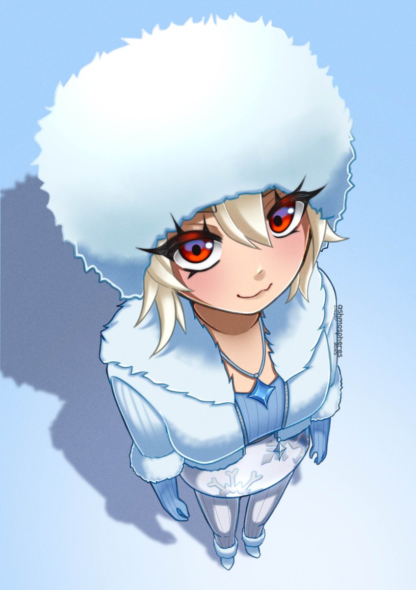 lexa (fortnite), fortnite, commentary, english commentary, highres, 1girl, :3, ashmospheres, blue gloves, blue jacket, blue shirt, blue skirt, fur hat, fur jacket, gloves, hat, jacket, jewelry, necklace, red eyes, shirt, skirt, smile, white hair