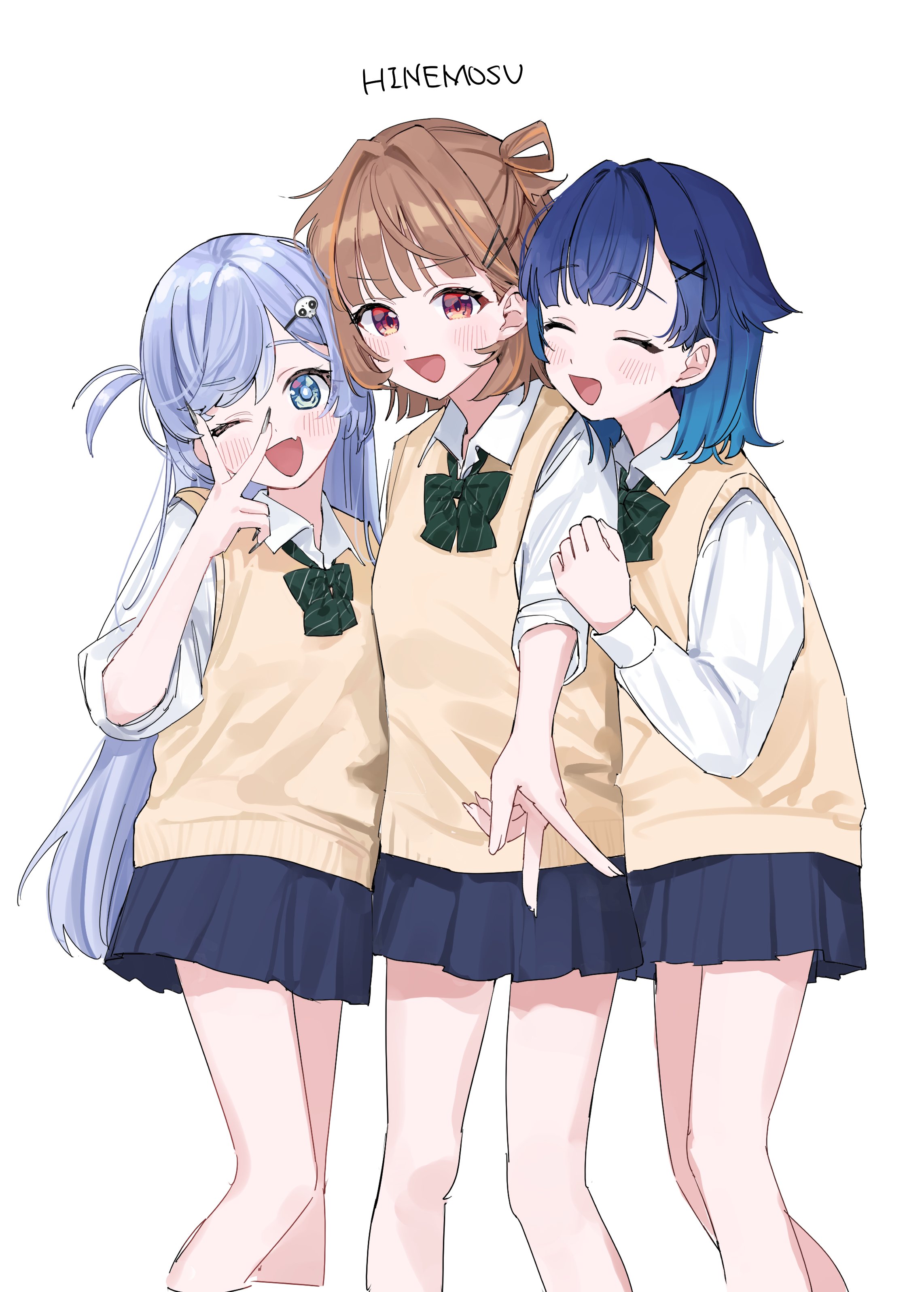 hanada ten, sendo yuuhi, tsumugi kokage, yano kuromu, vspo!, absurdres, highres, 3girls, alternate costume, black skirt, blue hair, blush, bow, bowtie, brown hair, closed eyes, fingernails, gradient hair, green bow, green bowtie, grey hair, hair flaps, hair intakes, hair ornament, hair rings, hairpin, long fingernails, long hair, looking at viewer, loose bowtie, medium hair, multicolored hair, multiple girls, nail polish, one eye closed, open mouth, parted bangs, pleated skirt, red eyes, school uniform, shirt, simple background, single hair ring, skirt, sleeves rolled up, two side up, v, v over eye, vest, virtual youtuber, white background, white shirt, yellow vest