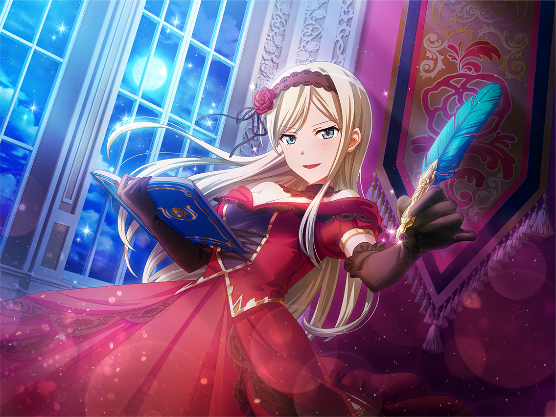 yumeoji fumi, shoujo kageki revue starlight, shoujo kageki revue starlight -re live-, the three musketeers, commentary, english commentary, game cg, official art, 1girl, adapted costume, black choker, black gloves, blonde hair, blue eyes, book, breasts, cardinal richelieu, cardinal richelieu (cosplay), choker, cleavage, cosplay, dress, elbow gloves, gloves, gown, hair between eyes, headpiece, holding, holding book, holding quill, indoors, long hair, looking at viewer, medium breasts, open mouth, quill, red dress, solo, standing, upper body, window