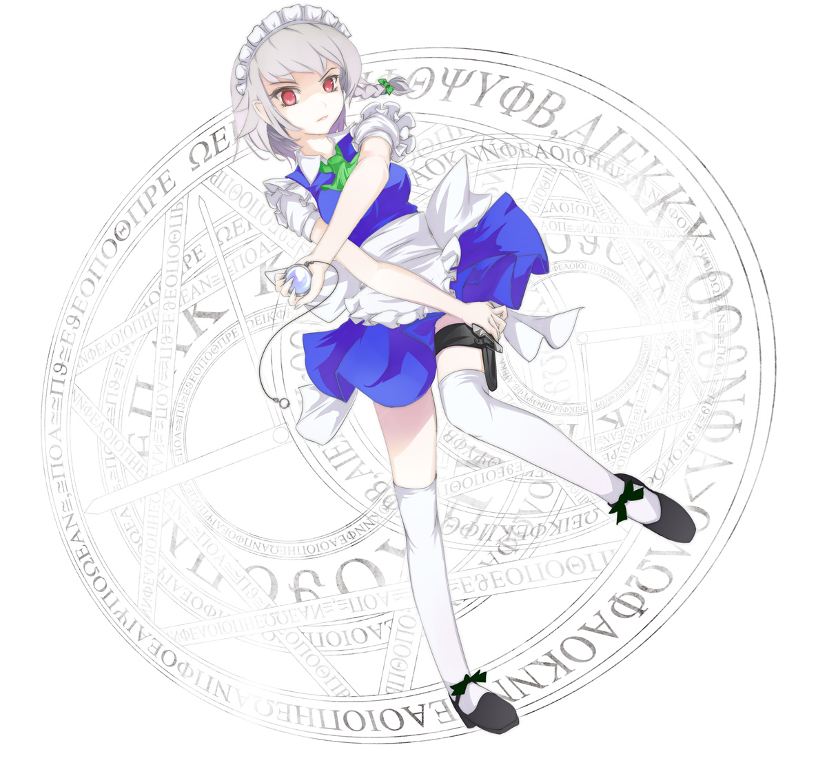 childofa, izayoi sakuya, embodiment of scarlet devil, touhou, silver hair, 1girl, braid, female focus, full body, hat, knife, magic circle, maid, pocket watch, red eyes, short hair, solo, thigh strap, thighhighs, throwing knife, twin braids, watch, weapon, white background