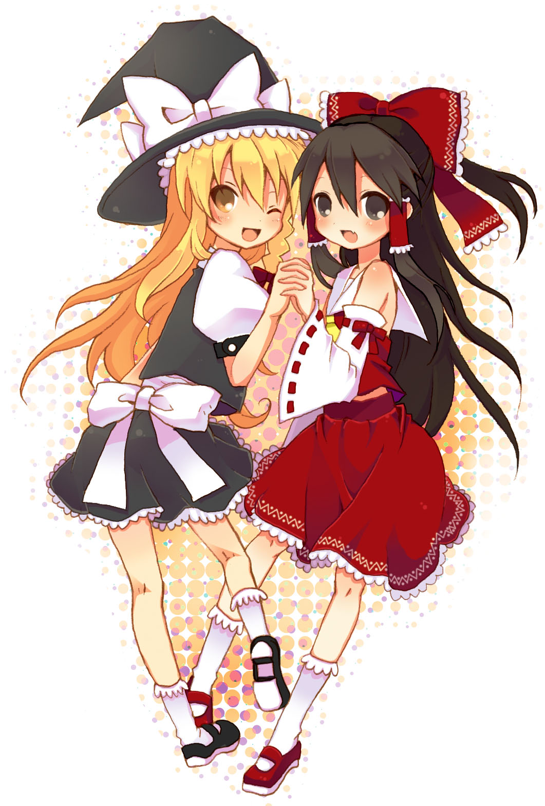 usabutapon, hakurei reimu, kirisame marisa, touhou, highres, 2girls, blonde hair, bow, braid, brown hair, detached sleeves, fang, female focus, half updo, hat, holding hands, japanese clothes, long hair, mary janes, miko, multiple girls, one eye closed, shoes, skirt, socks, wink, witch, witch hat, yellow eyes