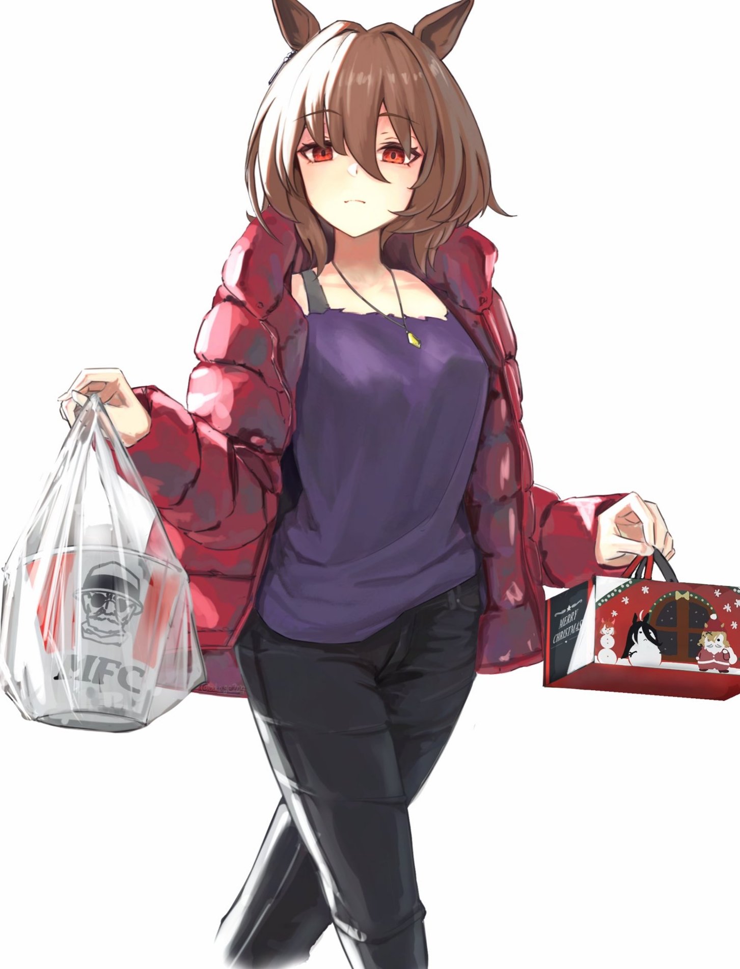 o ko ge2024, agnes tachyon (casual) (umamusume), agnes tachyon (umamusume), kfc, umamusume, commentary, english commentary, highres, 1girl, animal ears, bag, black pants, bra strap, breasts, brown hair, casual, coat, collarbone, food, hair between eyes, holding, holding bag, holding food, horse ears, horse girl, jewelry, long sleeves, looking at viewer, medium hair, necklace, no tail, off-shoulder shirt, off shoulder, open clothes, open coat, pants, puffy coat, purple shirt, purple sweater, red coat, red eyes, shirt, simple background, small breasts, solo, sweater, white background