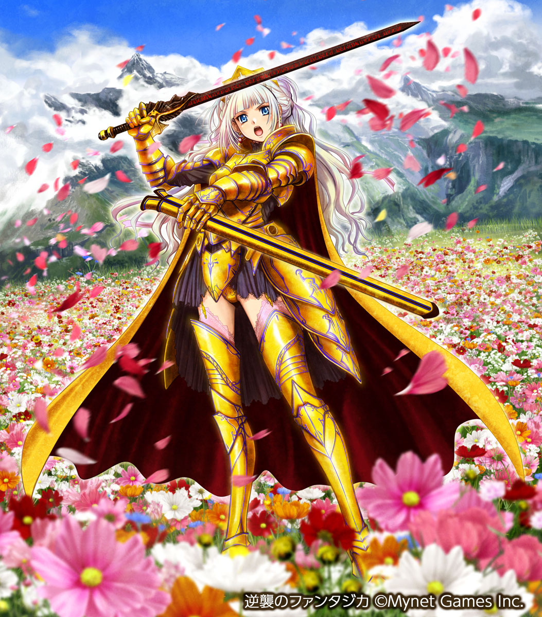 ueda metawo, gyakushuu no fantasica, commentary request, highres, official art, 1girl, arm up, armor, black skirt, blue eyes, blunt bangs, boots, cape, cloud, copyright notice, day, field, flower, flower field, full body, gloves, holding, holding sheath, holding sword, holding weapon, long hair, long sleeves, looking at viewer, open mouth, outdoors, petals, pink petals, pink thighhighs, pleated skirt, sheath, shirt, skirt, solo, standing, sword, thigh boots, thighhighs, thighhighs under boots, weapon, white hair, yellow boots, yellow cape, yellow gloves, yellow shirt
