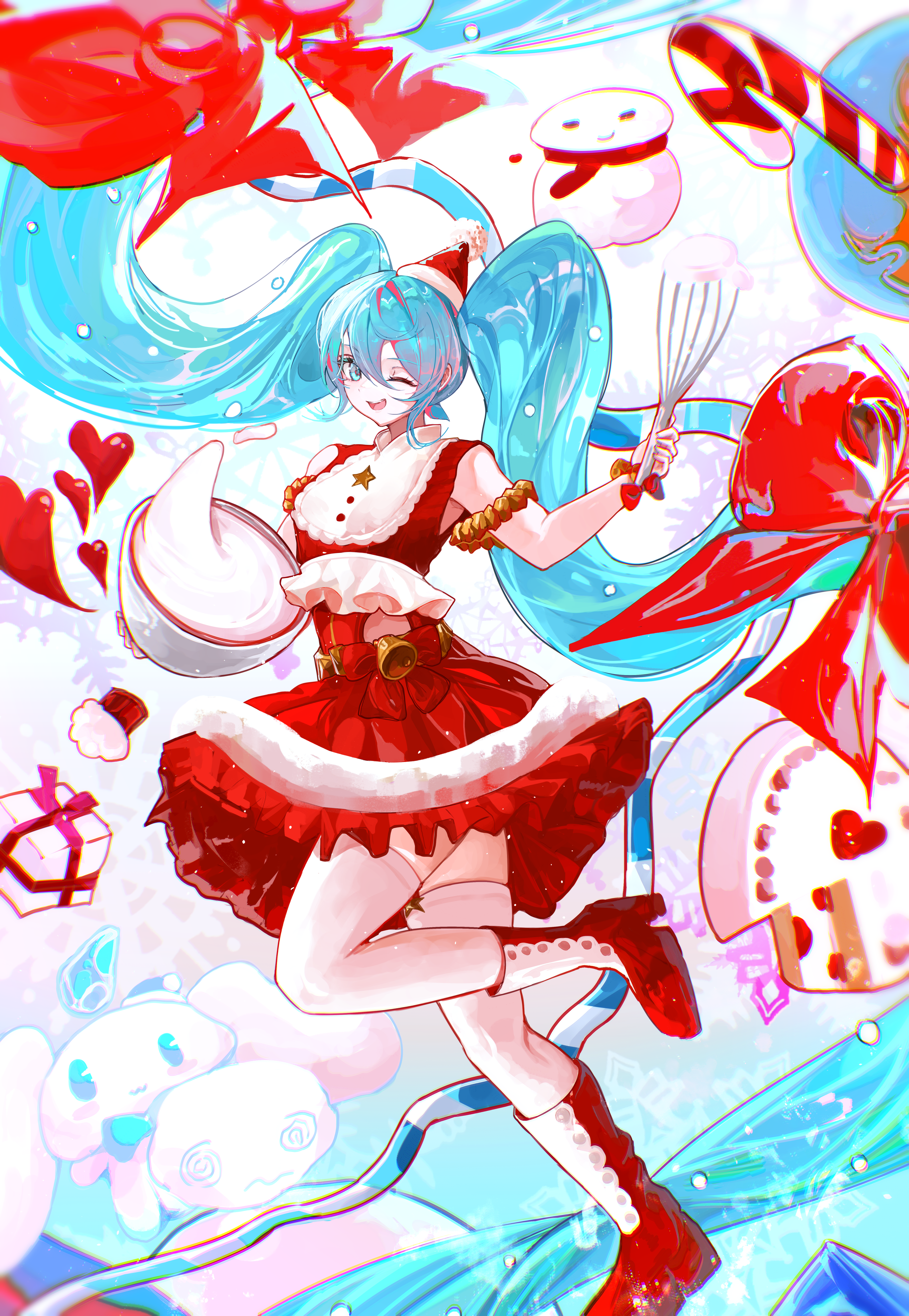 yuki flourish, hatsune miku, vocaloid, absurdres, commentary, highres, symbol-only commentary, 1girl, absurdly long hair, aqua eyes, aqua hair, boots, bowl, cake, christmas, dress, food, full body, gift, hair between eyes, heart, holding, holding bowl, holding whisk, long hair, multicolored hair, one eye closed, open mouth, red boots, red dress, red hair, sleeveless, sleeveless dress, smile, solo, strawberry cake, thick thighs, thighhighs, thighs, very long hair, whisk, white thighhighs, zettai ryouiki