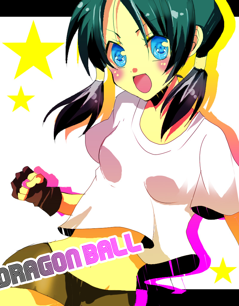 tsukumi (tkmillust), videl, dragon ball, dragonball z, 1girl, black hair, blue eyes, blush, female focus, fingerless gloves, gloves, midriff, navel, open mouth, solo, star (symbol), twintails