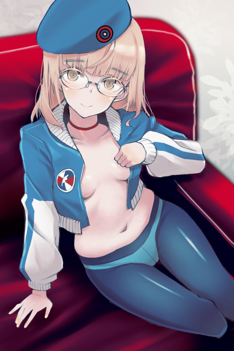 marzy dog, perrine h. clostermann, strike witches, world witches series, commentary request, 1girl, alternate costume, armchair, blonde hair, blue jacket, blue pantyhose, blush, breasts, chair, choker, glasses, hat, jacket, long hair, looking at viewer, navel, open clothes, panties, panties under pantyhose, pantyhose, red choker, sitting, small breasts, smile, solo, underwear, yellow eyes
