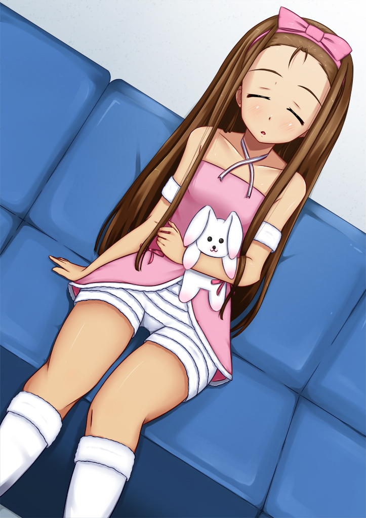 utatoki, minase iori, idolmaster, idolmaster (classic), bad id, bad pixiv id, 00s, 1girl, brown hair, closed eyes, cute & girly (idolmaster), female focus, hair ribbon, ribbon, sitting, sleeping, sleeping upright, solo, stuffed animal, stuffed rabbit, stuffed toy